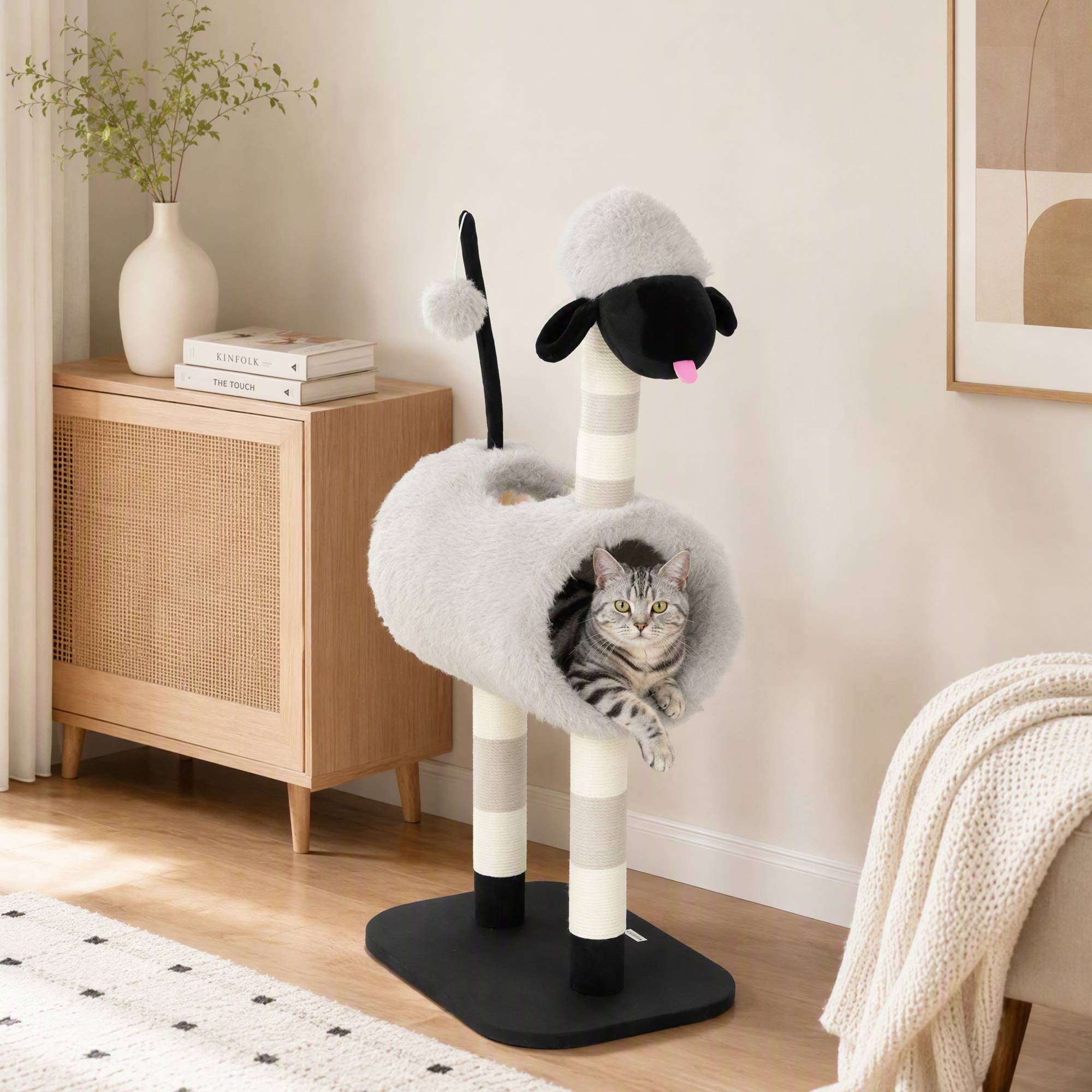 Arbre à chat design mouton, griffoirs, tunnel et jouet, 98 cm, gris clair - Image 6