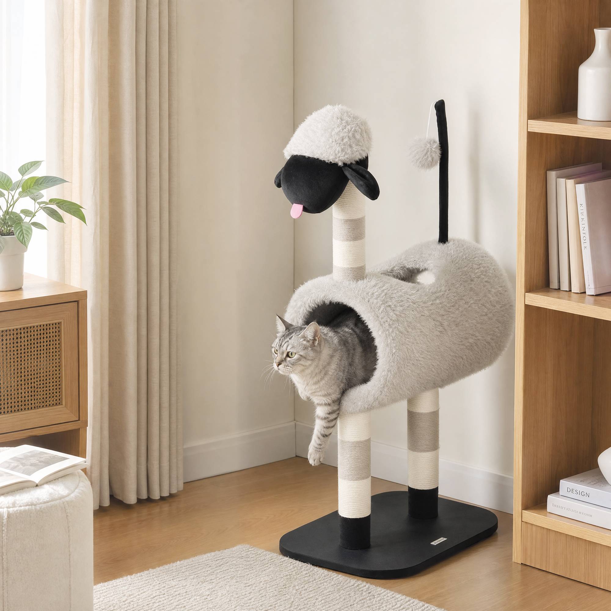 Arbre à chat design mouton, griffoirs, tunnel et jouet, 98 cm, gris clair - Image 7