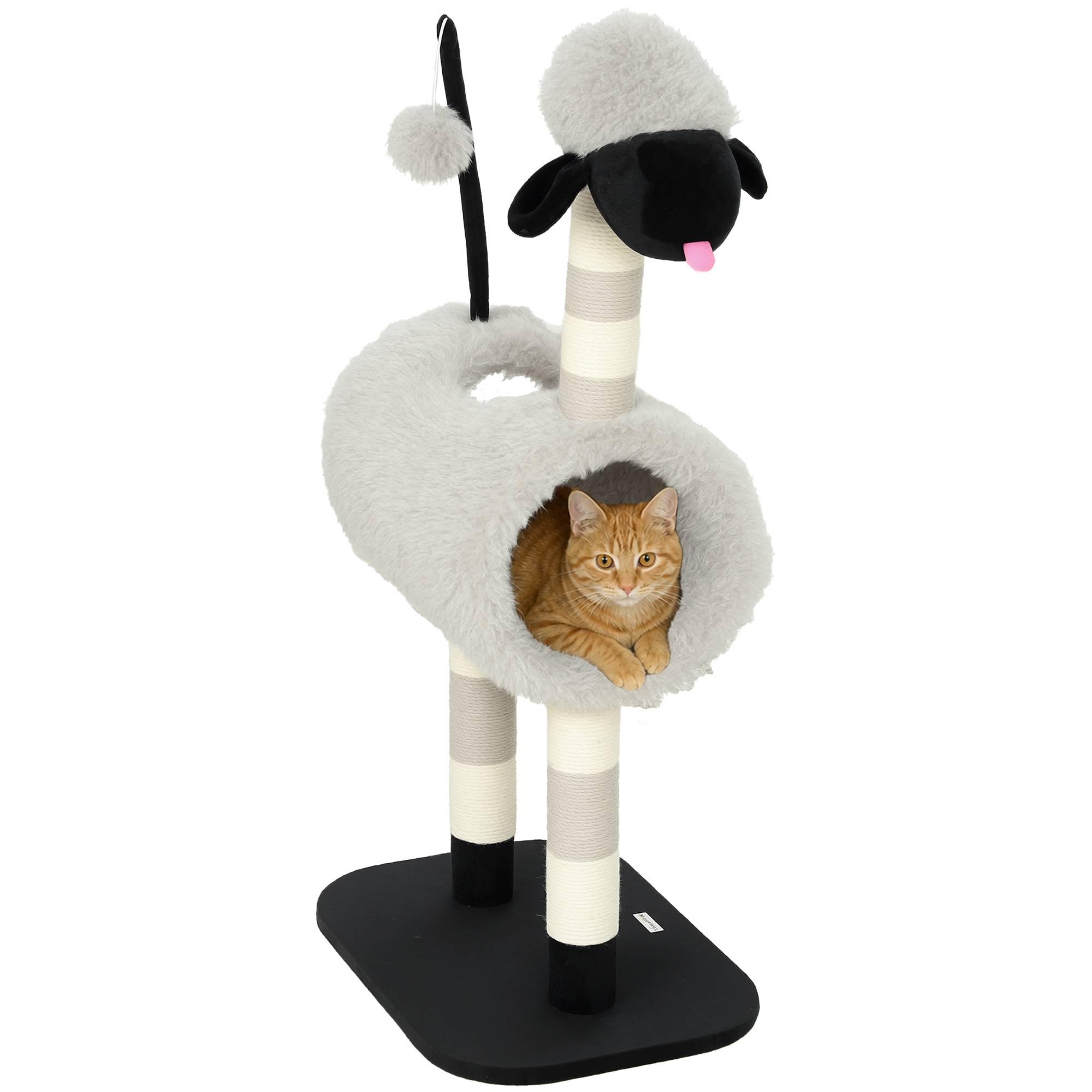 Arbre à chat design mouton, griffoirs, tunnel et jouet, 98 cm, gris clair
