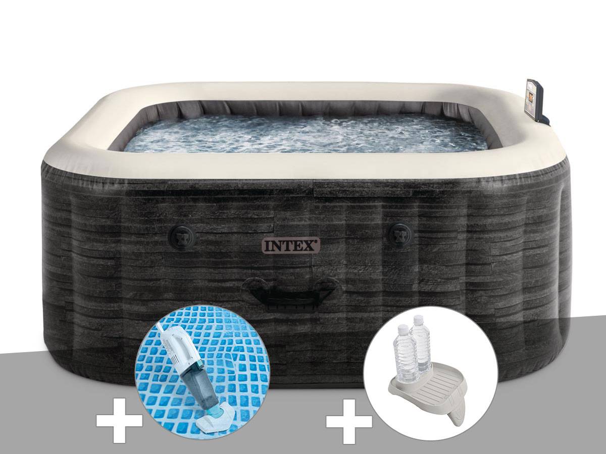 Kit spa gonflable Intex PureSpa Ardoise carré Bulles 6 places + Aspirateur + Porte-verre