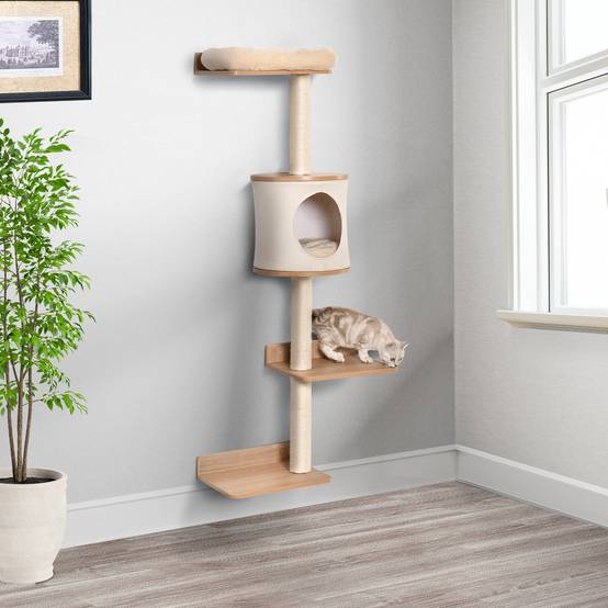 Arbre à Chat Mural avec Plateformes Grotte Couchage et Poteaux en Sisal 38x30x149cm Beige et Chêne - Image 3
