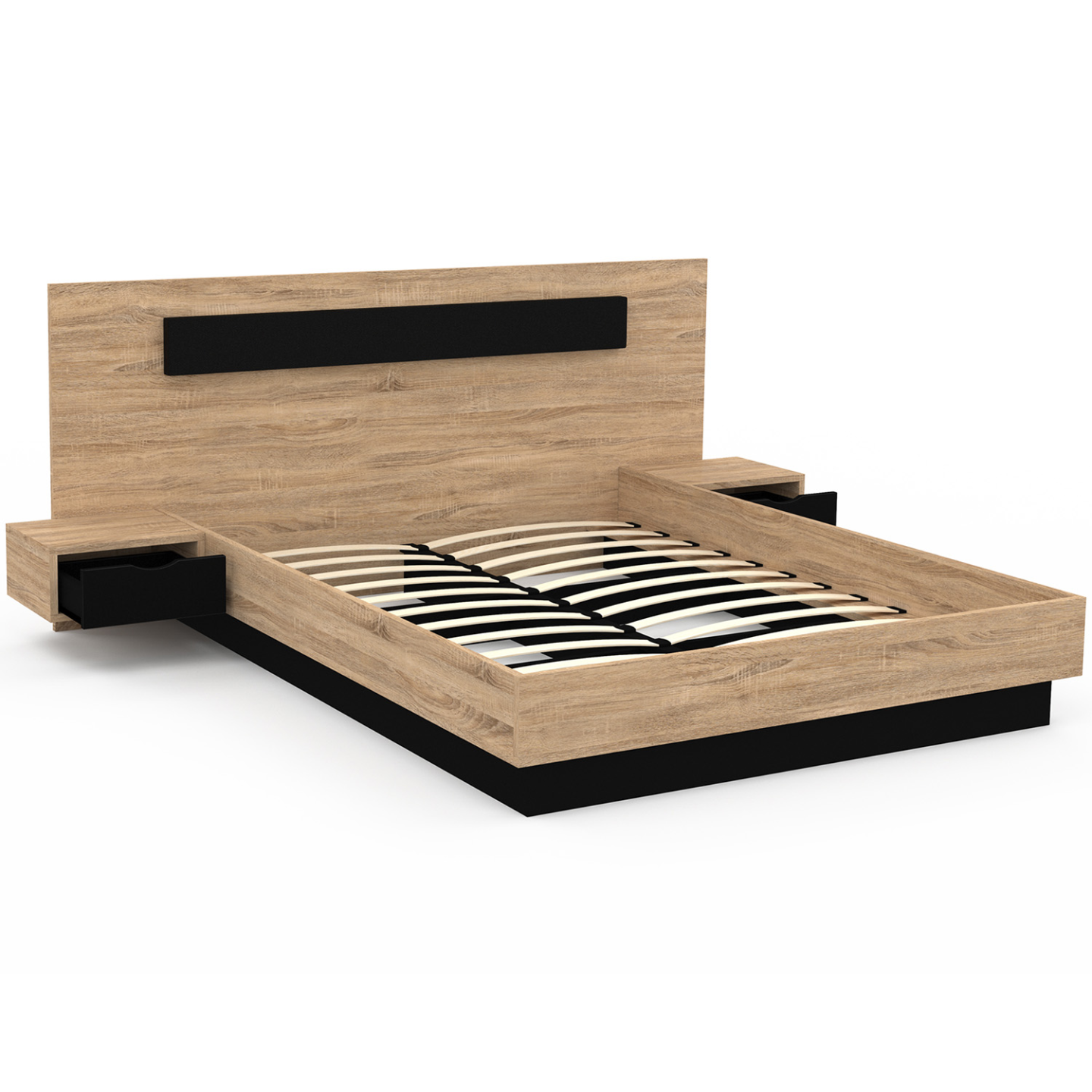 Lit double SANTA avec tête de lit + tables de chevet intégrées et sommier 140 x 190 cm bois et noir - Image 4