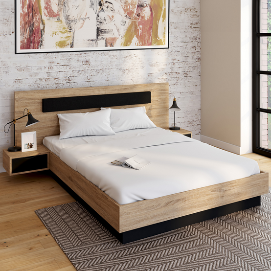 Lit double SANTA avec tête de lit + tables de chevet intégrées et sommier 140 x 190 cm bois et noir - Image 1