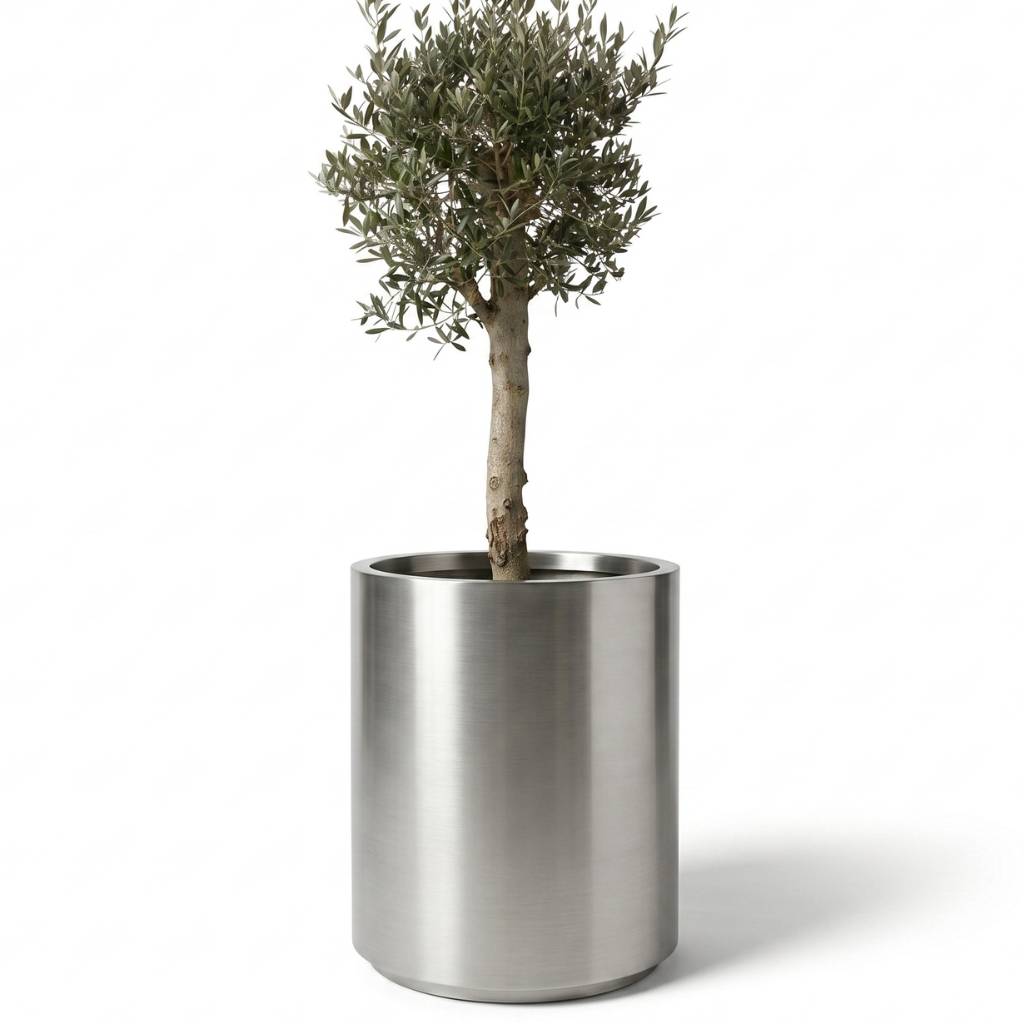 Lot olivier + pot METROPOLE 60x70cm inox brossé, pot de grande taille fait main en acier inoxydable - Image 1