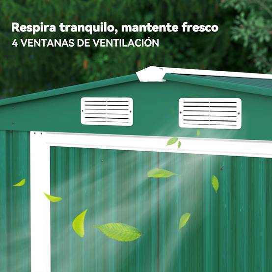 Abri de jardin métallique vert, 258 x 206 x 178 cm, 5,3 m², avec portes coulissantes et ventilation, idéal pour le rangement d'outils. - Image 10
