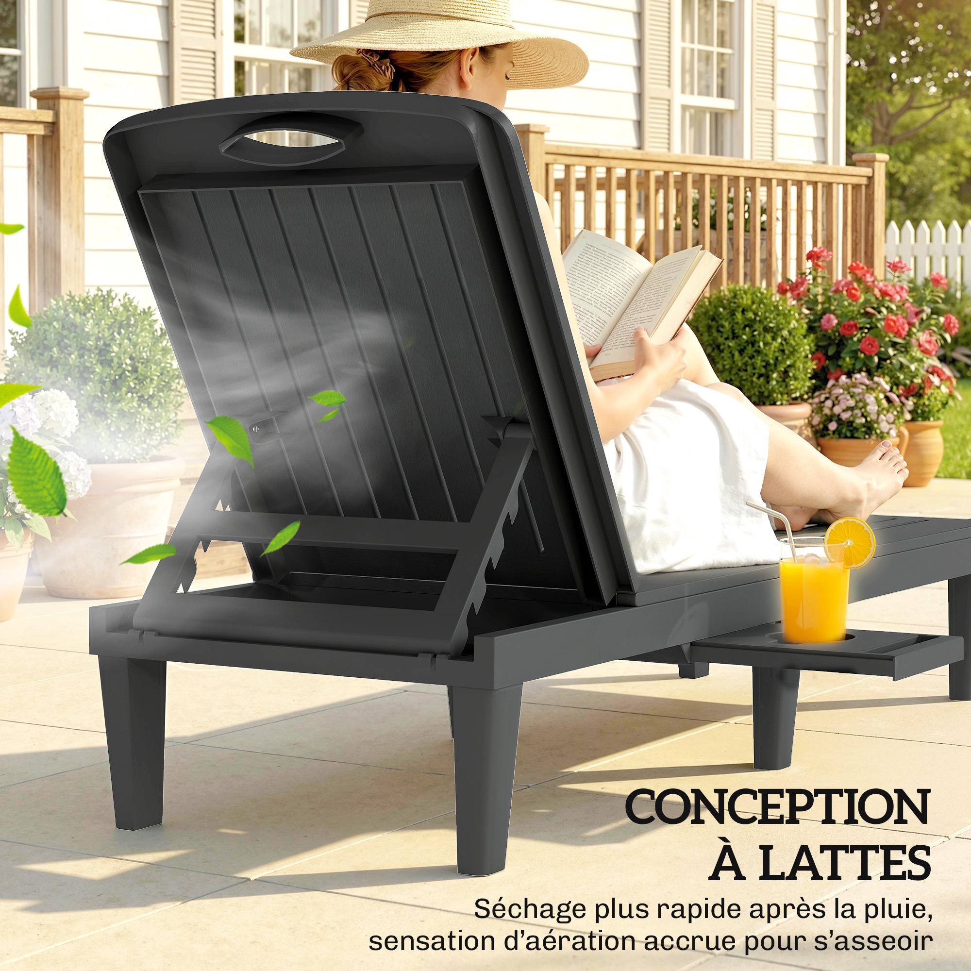 Lot de 2 bains de soleil plastique PP gris 192 x 57 x 28.5 cm - PANGIVO - Image 9