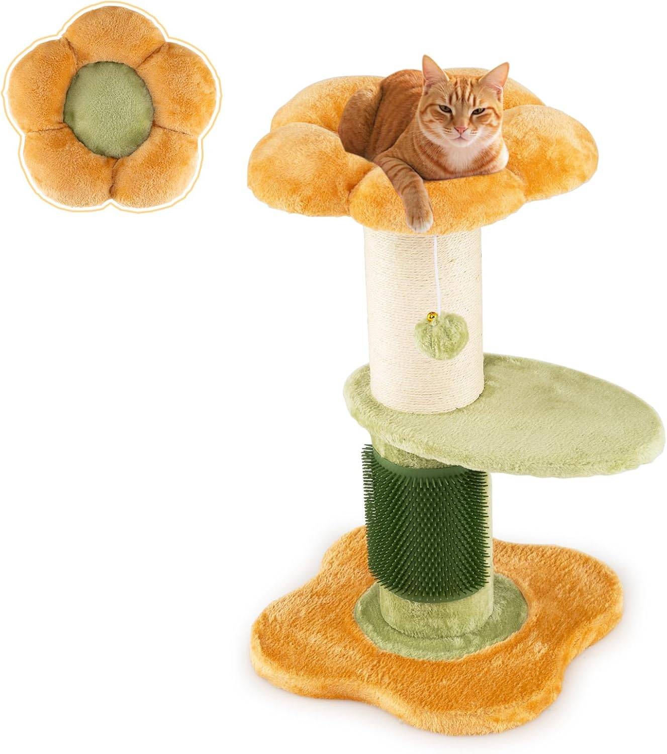 Petit Arbre à Chat Fleur 69 cm, 2 Plateformes, Ø13 cm Poteau à Griffer en Sisal, Brosse d'Toilettage, Arbre a Chat Design à 3 Niveaux, Pompon Suspendu