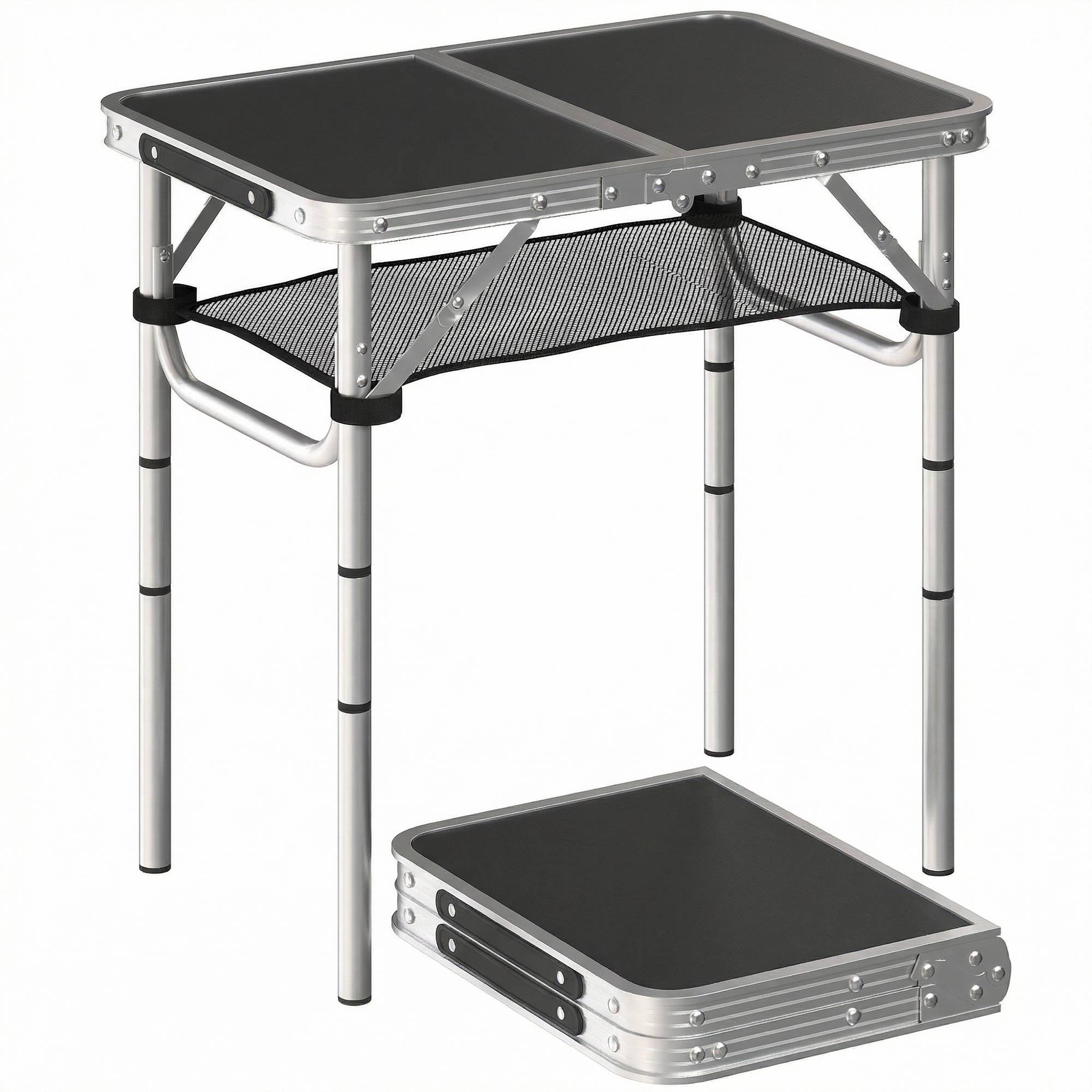 Sans Marque - Table camping pliante, rangement filet, 4 hauteurs, poignée, alu, 60x40x26-60cm, noir - Image 1