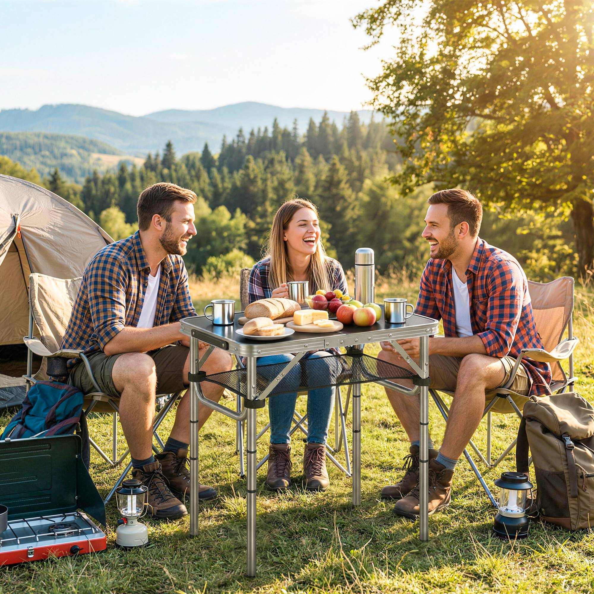 Sans Marque - Table camping pliante, rangement filet, 4 hauteurs, poignée, alu, 60x40x26-60cm, noir - Image 4
