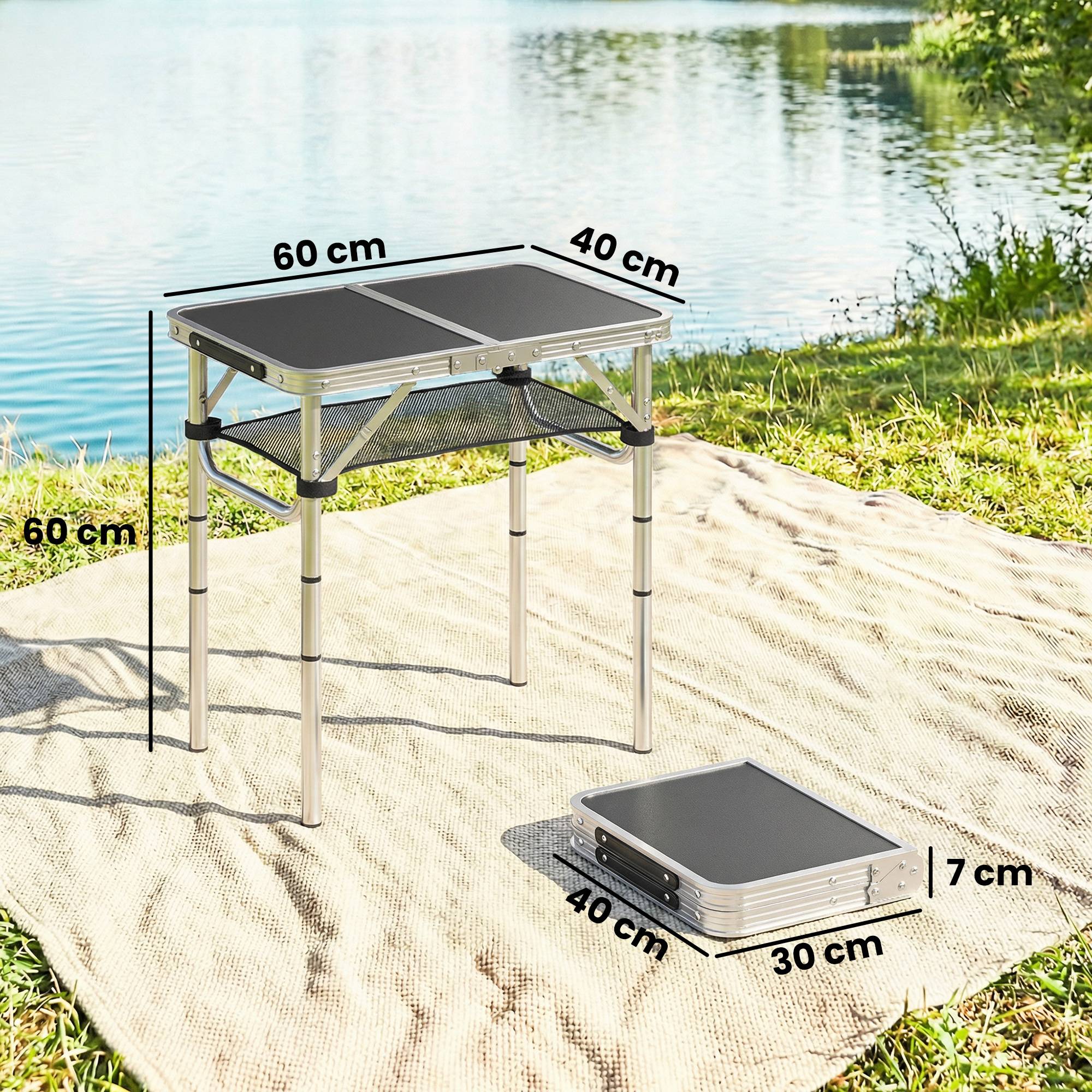 Sans Marque - Table camping pliante, rangement filet, 4 hauteurs, poignée, alu, 60x40x26-60cm, noir - Image 5