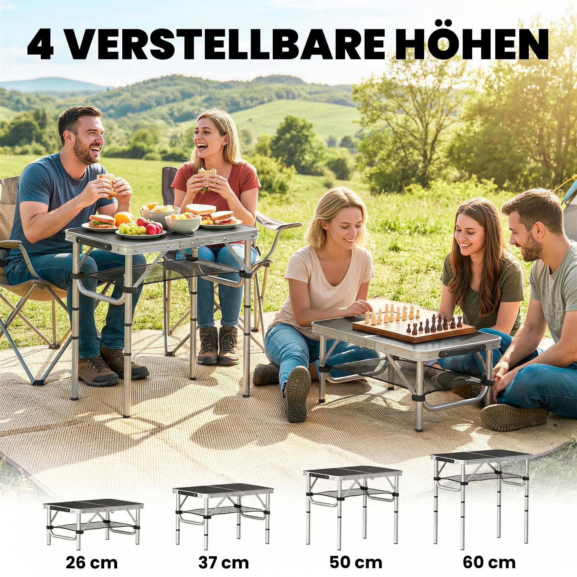 Sans Marque - Table camping pliante, rangement filet, 4 hauteurs, poignée, alu, 60x40x26-60cm, noir - Image 7