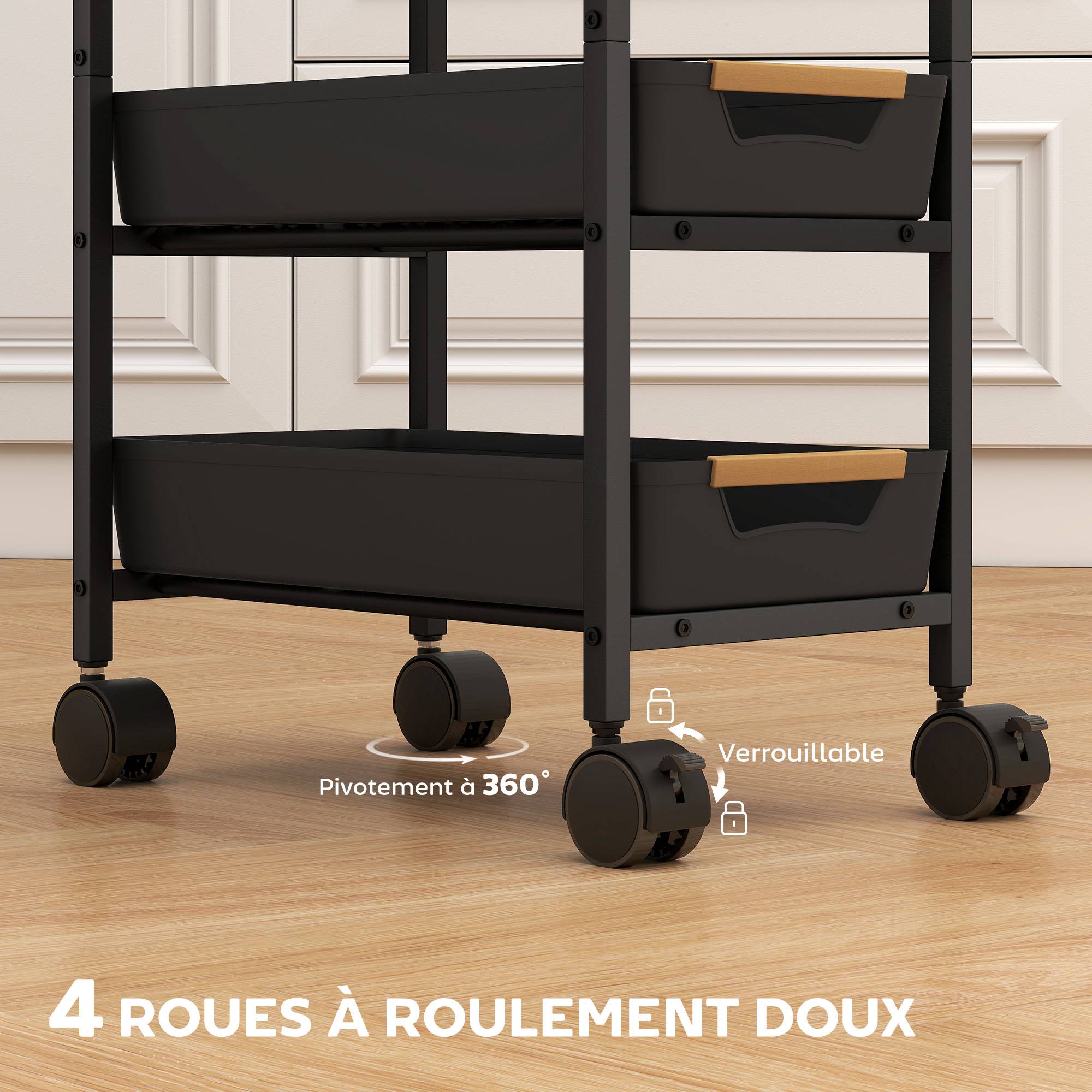Desserte cuisine, chariot de rangement à roulettes 5 niveaux avec 4 tiroirs coulissants, étagère de rangement, noir - Image 7