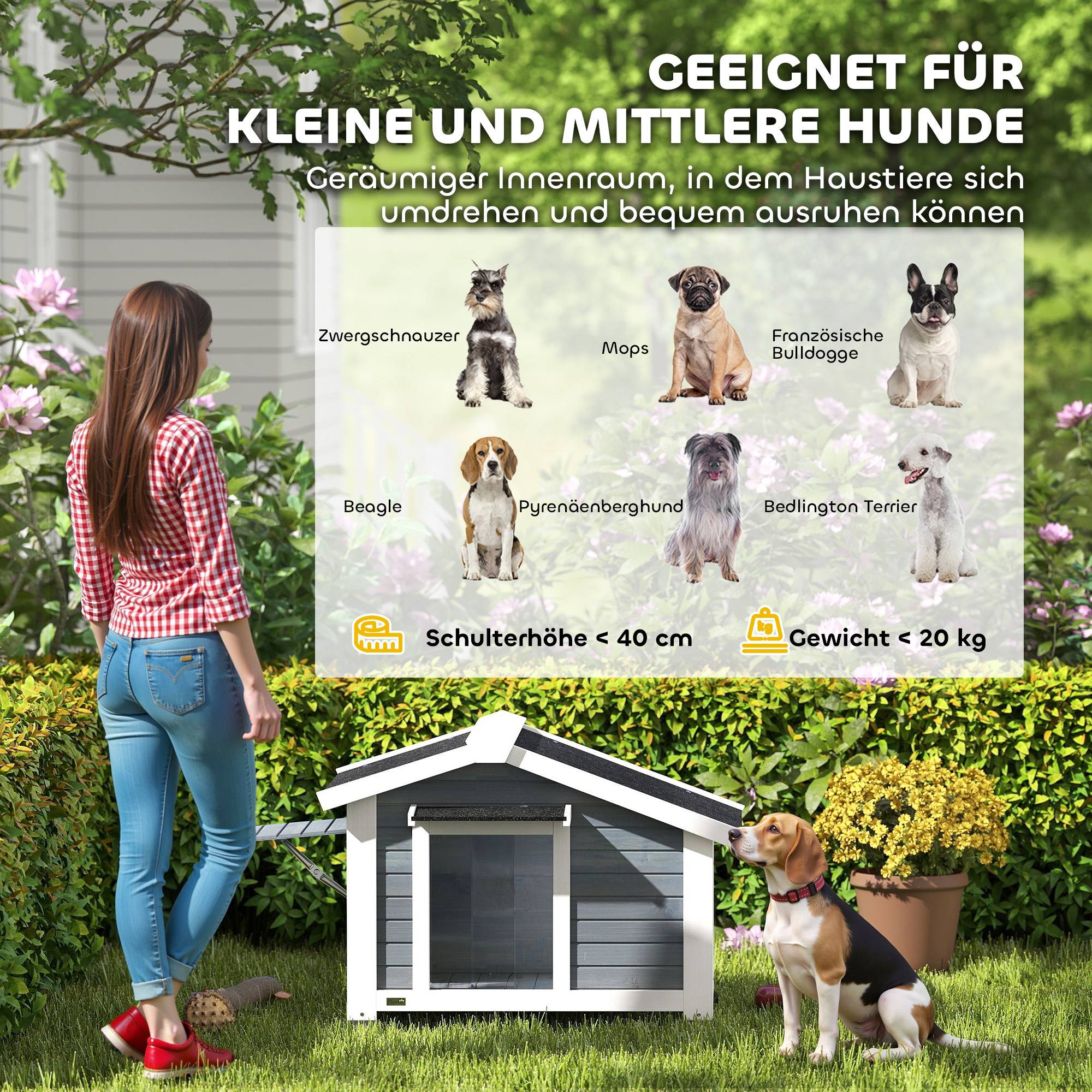 Niche pour chien résistante aux intempéries bois, plancher amovible, toit asphalte, fenêtre ouverte, 98x76x69,5 cm, gris - Image 9