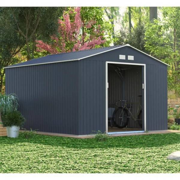Sans Marque - Abri de jardin en métal 12,99 m² - 340 x 382 x 210 cm - NEPTUNE - Kit d'ancrage inclus, 2 portes coulissantes - Gris - Image 4