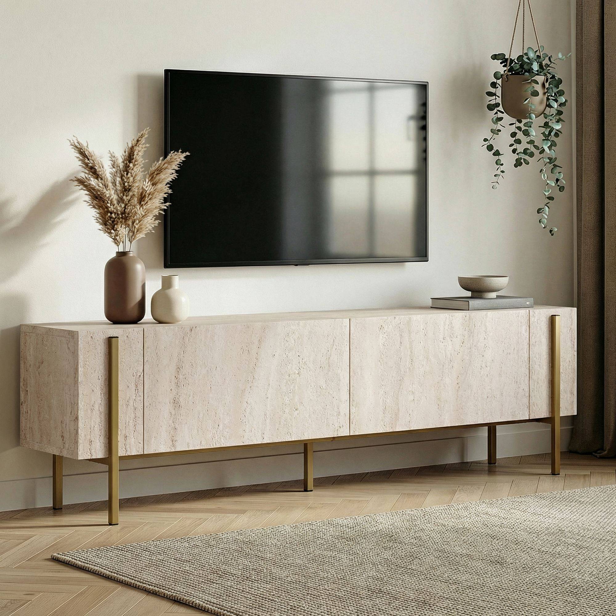 Habitat Et Jardin - Meuble Tv En Bois "nexus" - 180 X 30 X 45 Cm - Travertin / Or -hanah Home - Image 2