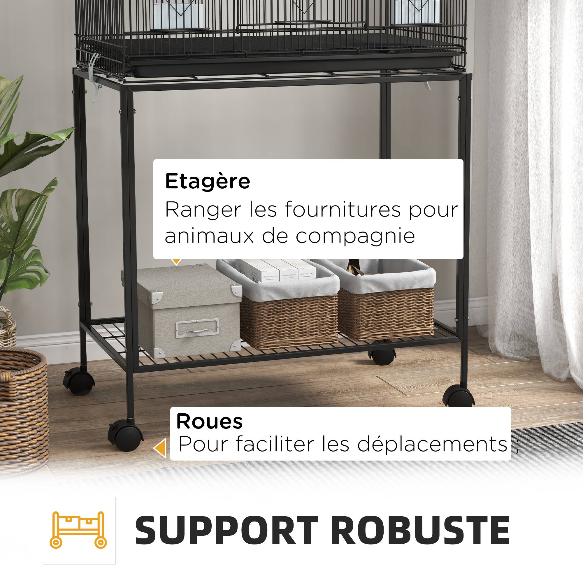 Cage à oiseaux sur pied volière double avec mangeoires perchoirs plateau amovible étagère poignée et roulettes noir - Image 10