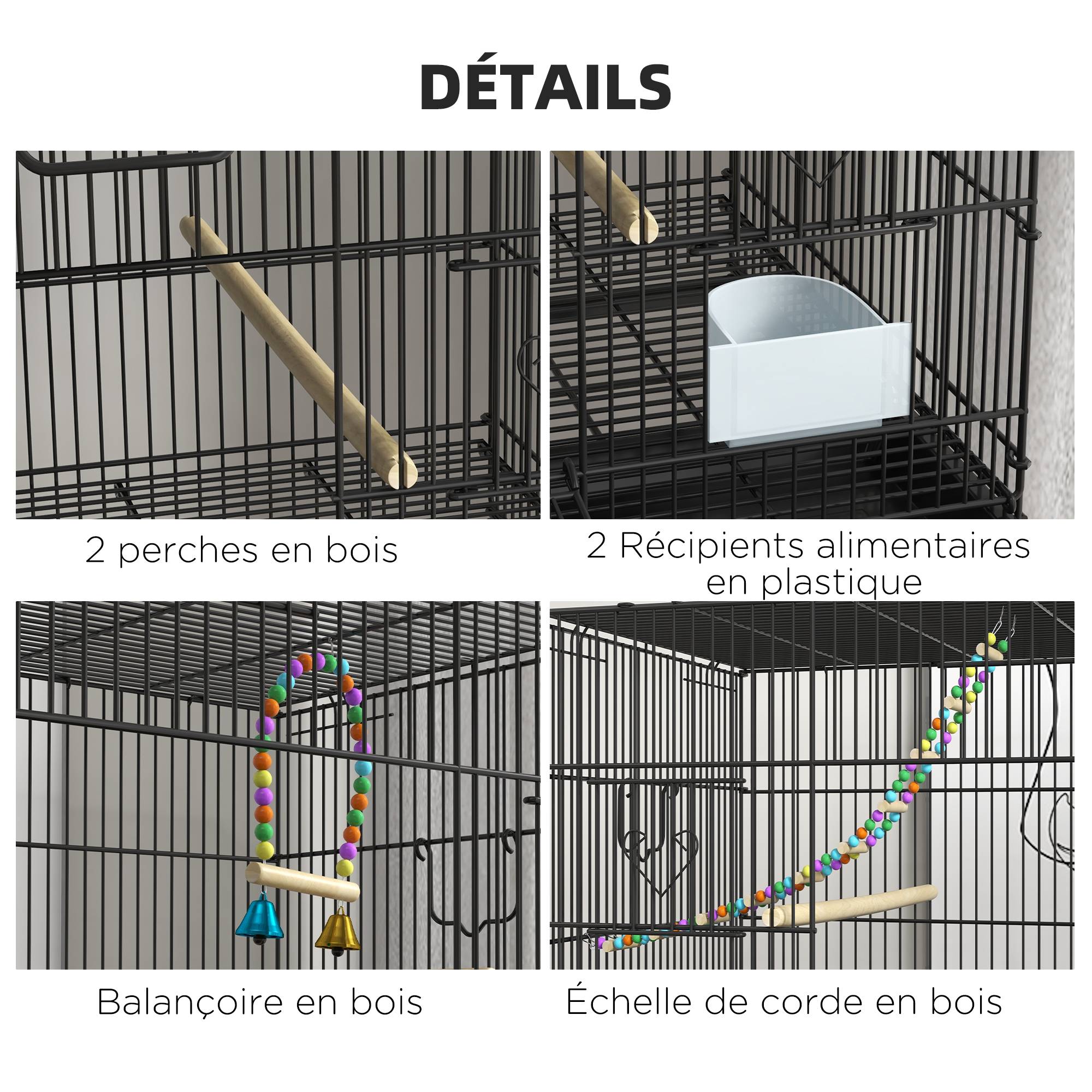 Cage à oiseaux sur pied volière double avec mangeoires perchoirs plateau amovible étagère poignée et roulettes noir - Image 8