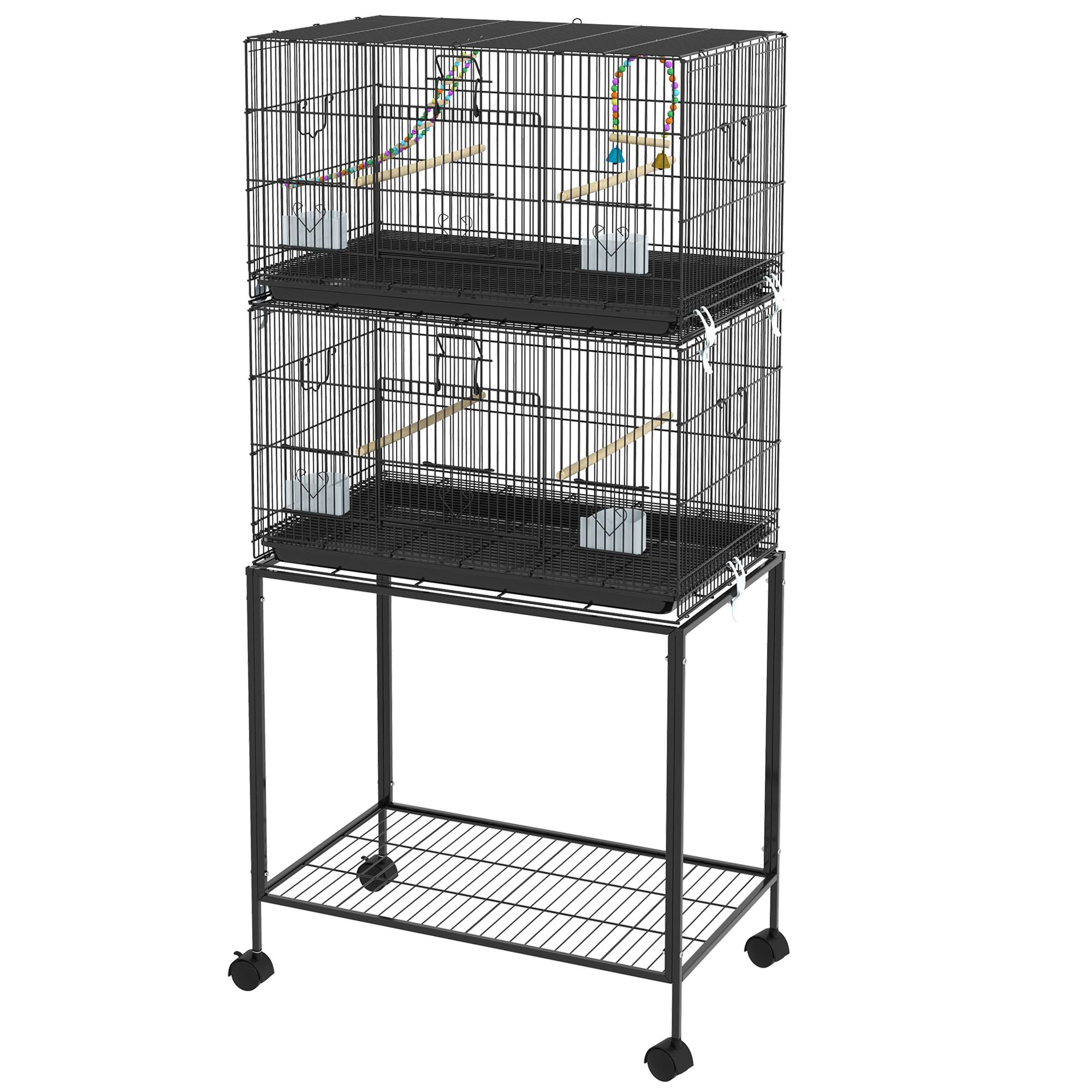 Cage à oiseaux sur pied volière double avec mangeoires perchoirs plateau amovible étagère poignée et roulettes noir - Image 2