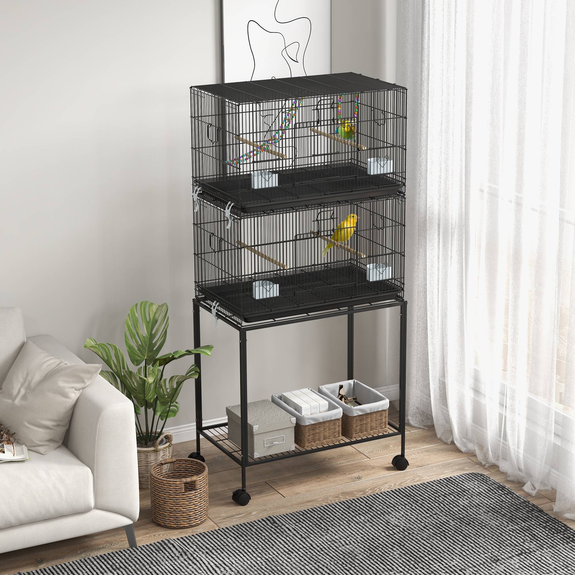 Cage à oiseaux sur pied volière double avec mangeoires perchoirs plateau amovible étagère poignée et roulettes noir - Image 3