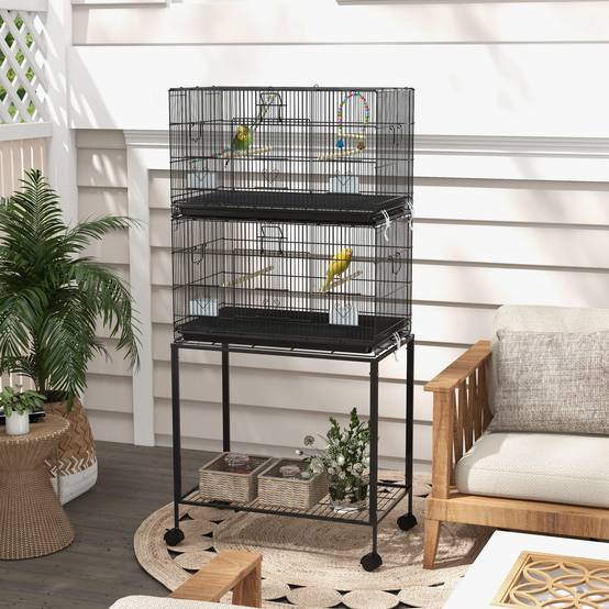Cage à oiseaux sur pied volière double avec mangeoires perchoirs plateau amovible étagère poignée et roulettes noir - Image 4