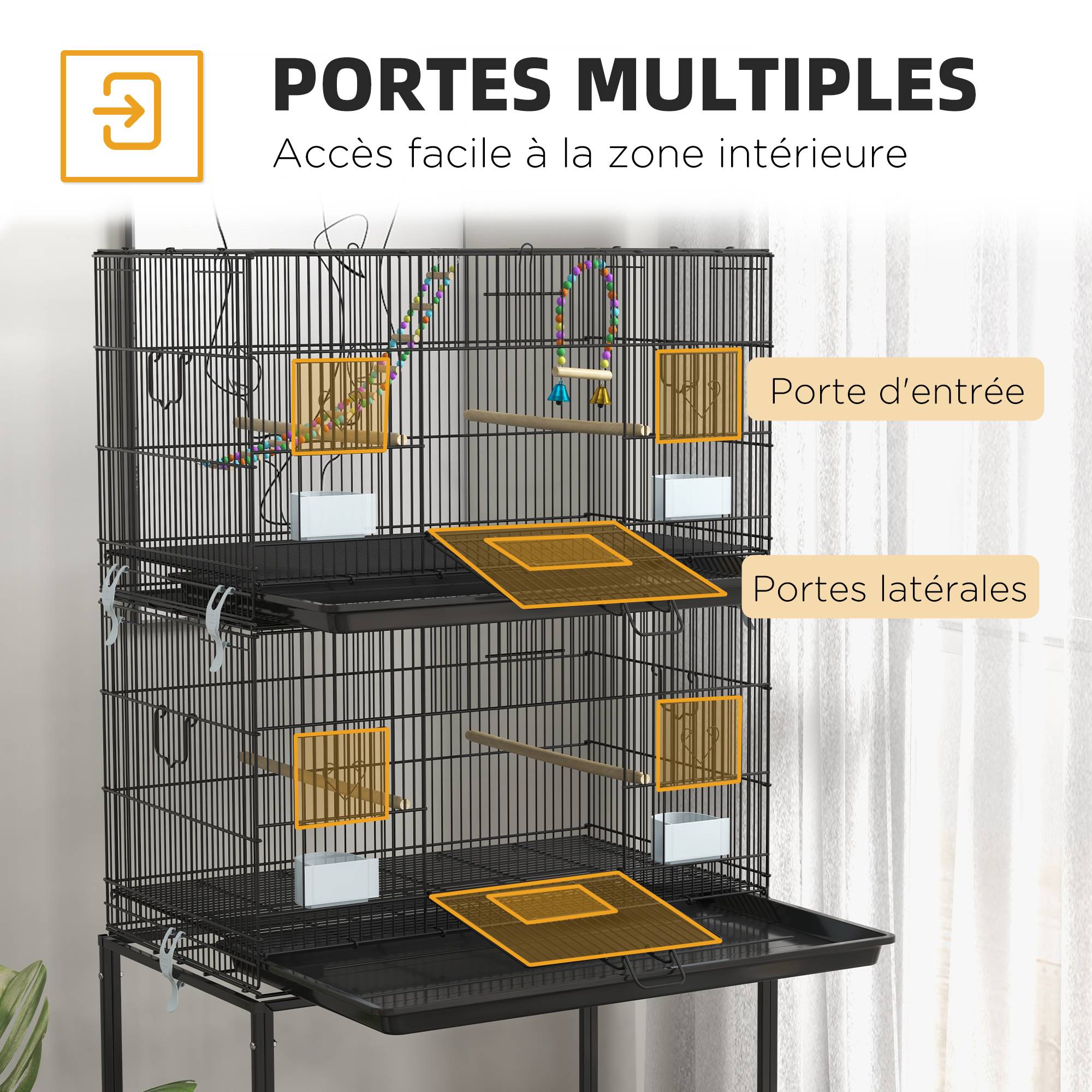Cage à oiseaux sur pied volière double avec mangeoires perchoirs plateau amovible étagère poignée et roulettes noir - Image 7