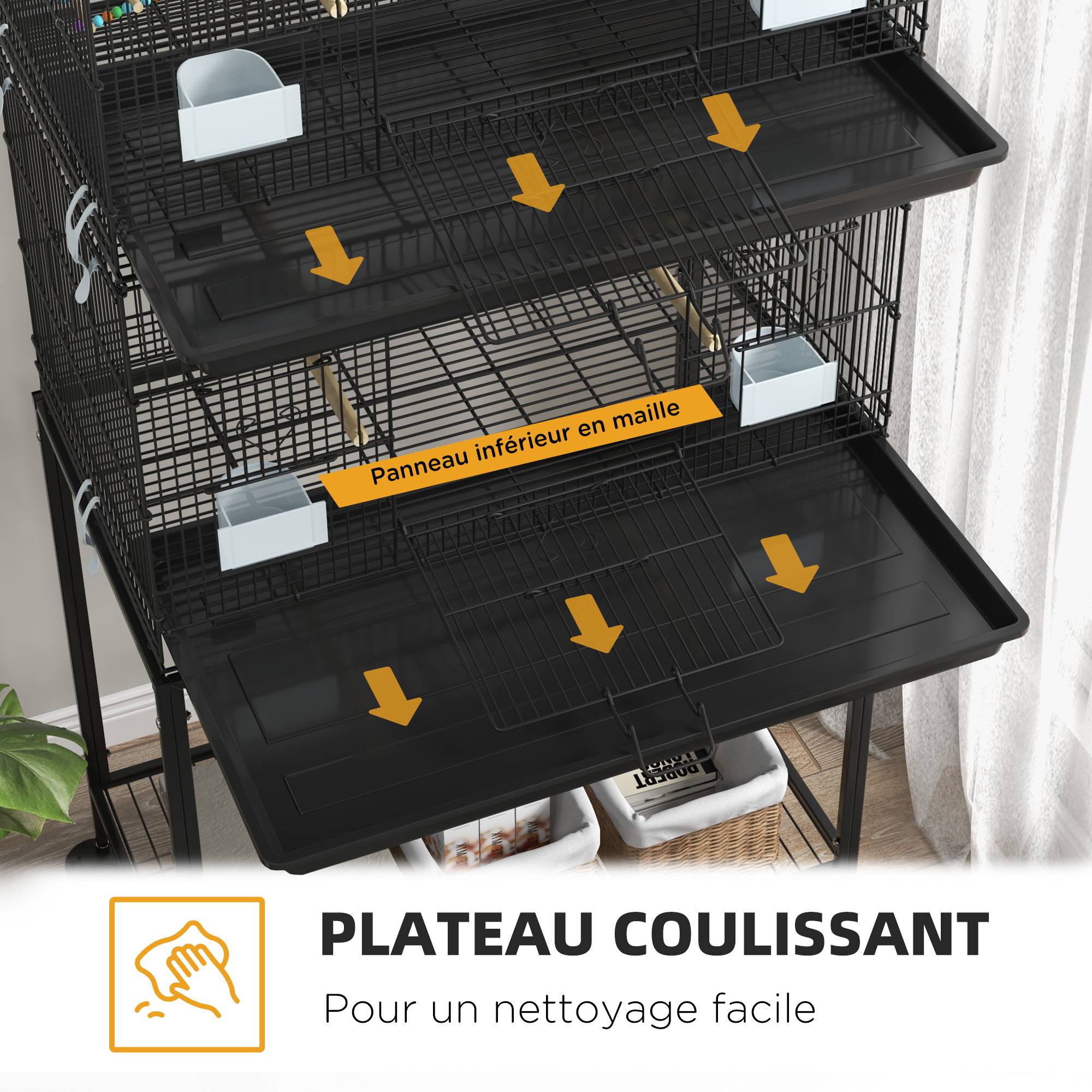 Cage à oiseaux sur pied volière double avec mangeoires perchoirs plateau amovible étagère poignée et roulettes noir - Image 6