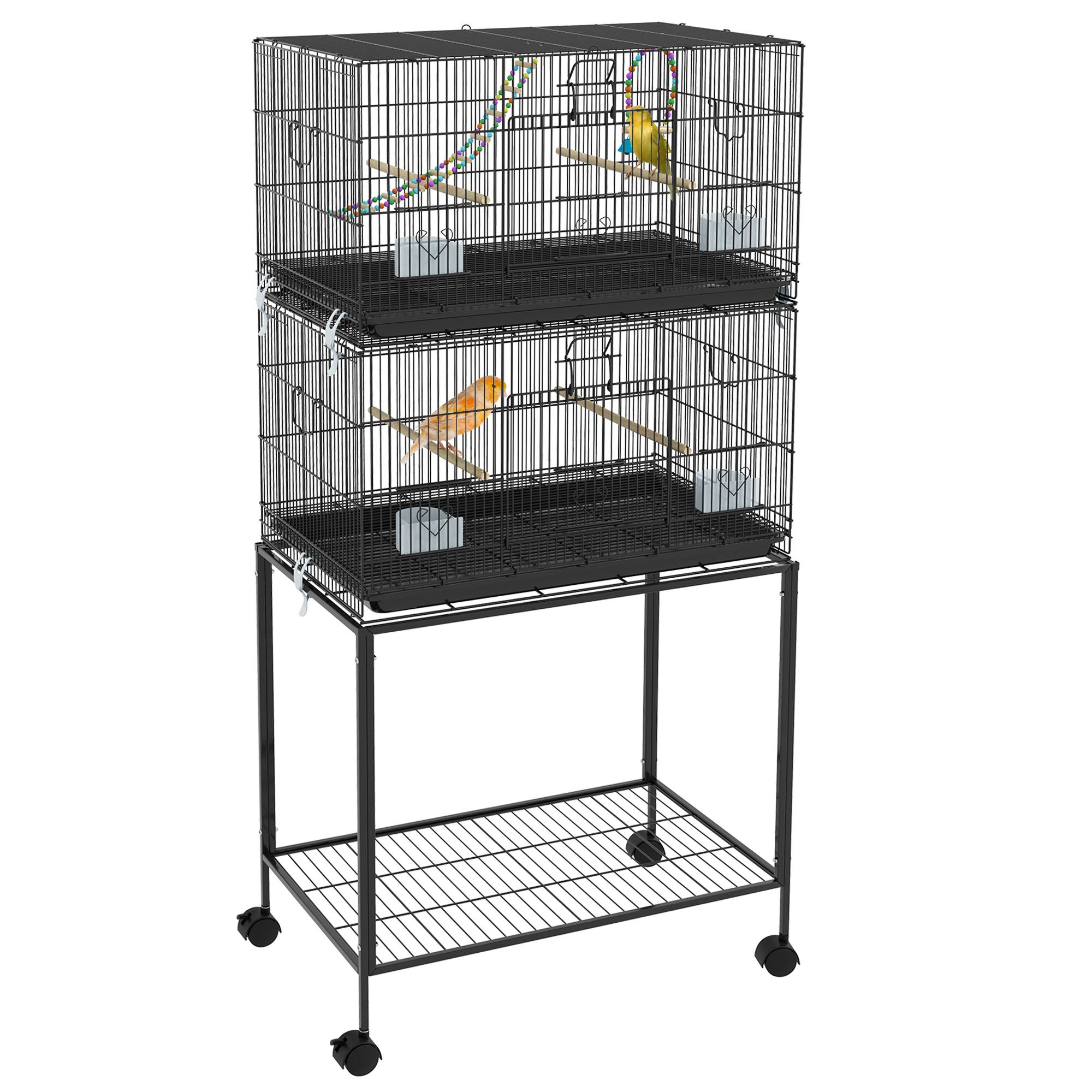 Cage à oiseaux sur pied volière double avec mangeoires perchoirs plateau amovible étagère poignée et roulettes noir - Image 1