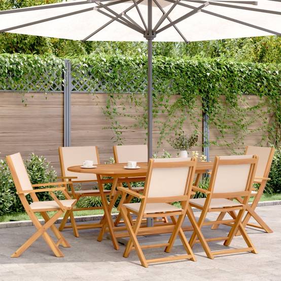 Lot de 6 Fauteuils de Jardin Pliants en Bois Massif et Tissu Confortable pour Patio Beige – ComfortXL Outdoor Living - Image 1