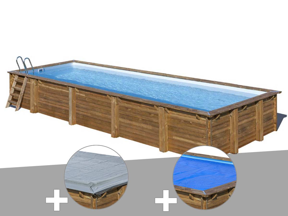 Gré - Kit piscine bois Gré Mint 10,10 x 4,18 x 1,46 m + Bâche hiver + Bâche à bulles