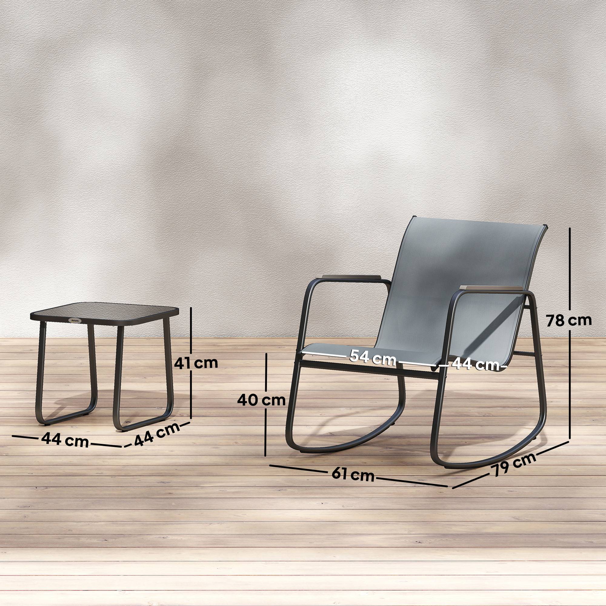 Ensemble de jardin 3 pièces avec 2 chaises berçantes, table plateau verre et structure acier, patio gris - Image 5