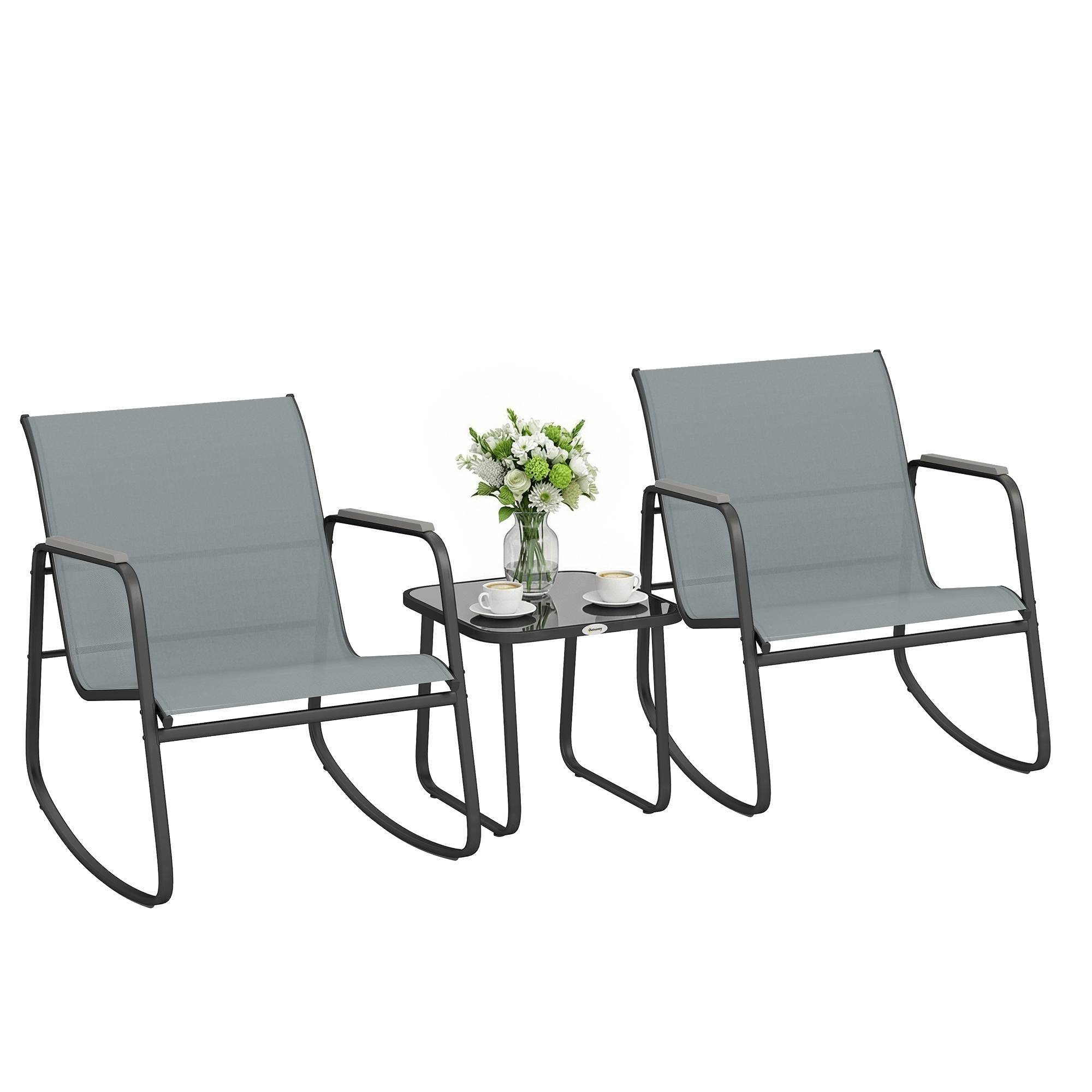 Ensemble de jardin 3 pièces avec 2 chaises berçantes, table plateau verre et structure acier, patio gris