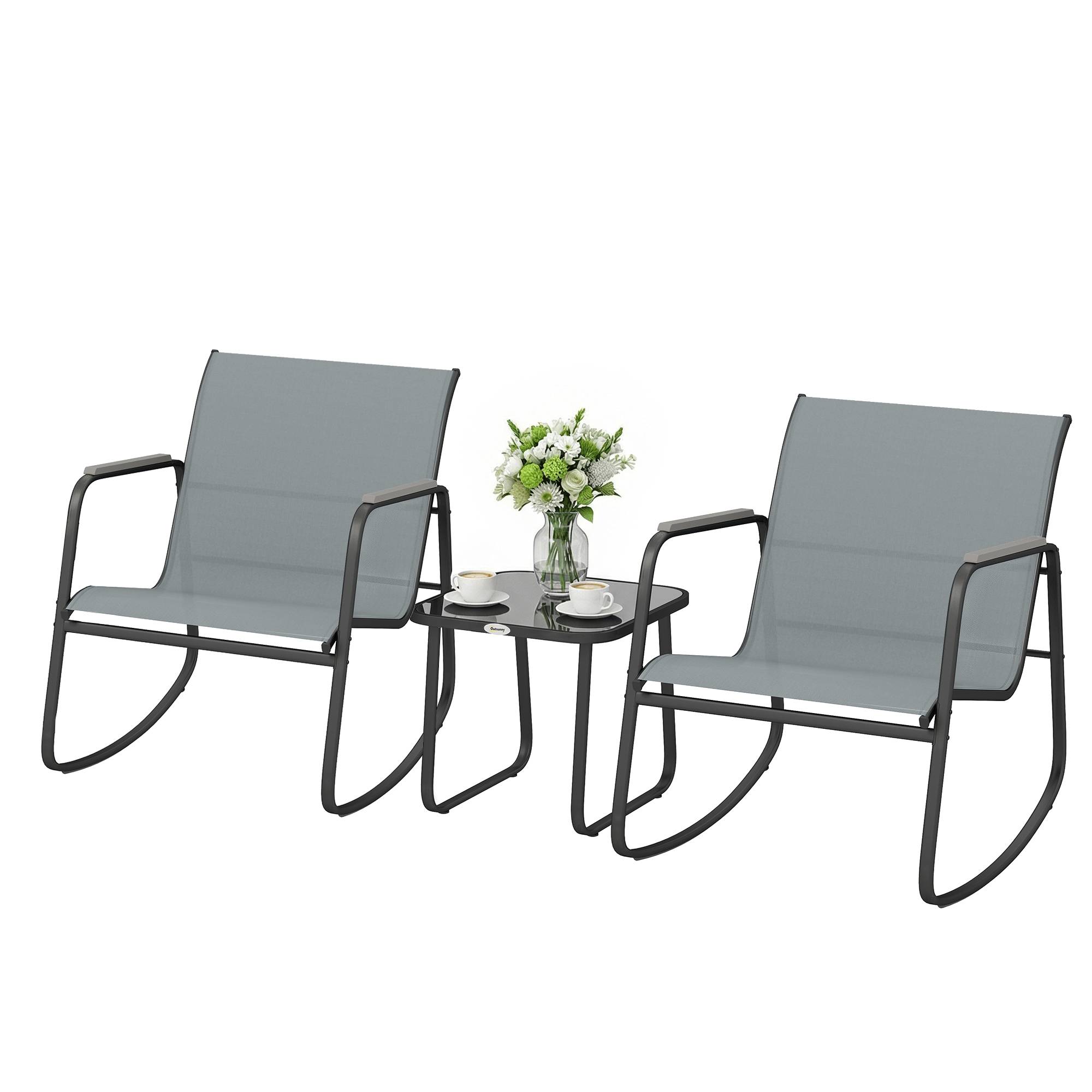 Ensemble de jardin 3 pièces avec 2 chaises berçantes, table plateau verre et structure acier, patio gris - Image 2