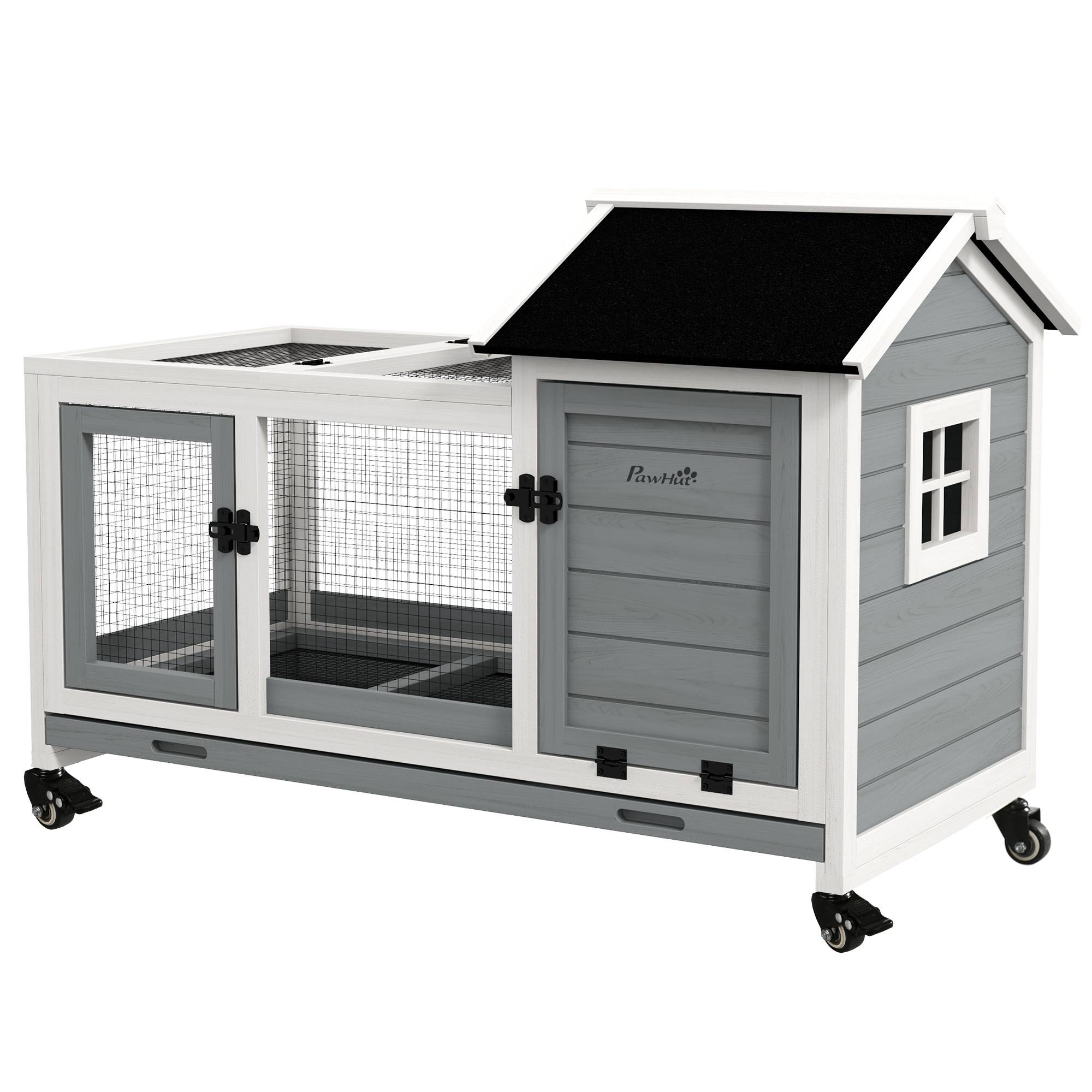Clapier cage à lapins rongeurs sur roulettes 2 portes verrouillables - dim. 108L x 58l x 73,5H cm - bois massif - Image 2