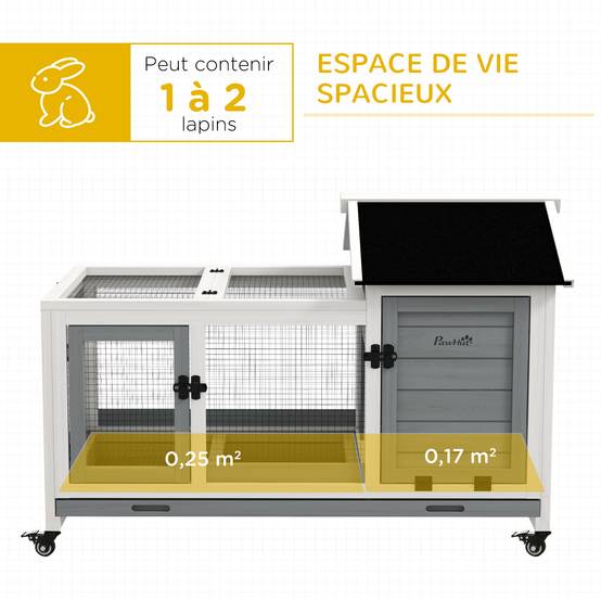 Clapier cage à lapins rongeurs sur roulettes 2 portes verrouillables - dim. 108L x 58l x 73,5H cm - bois massif - Image 6