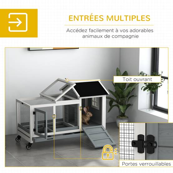Clapier cage à lapins rongeurs sur roulettes 2 portes verrouillables - dim. 108L x 58l x 73,5H cm - bois massif - Image 7