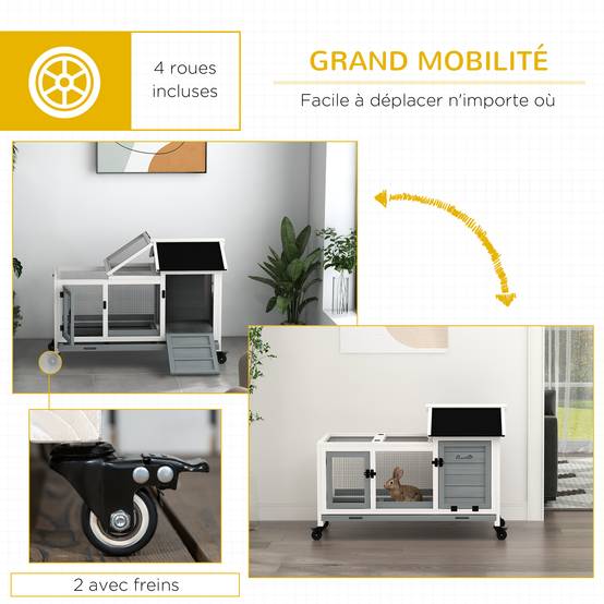 Clapier cage à lapins rongeurs sur roulettes 2 portes verrouillables - dim. 108L x 58l x 73,5H cm - bois massif - Image 9