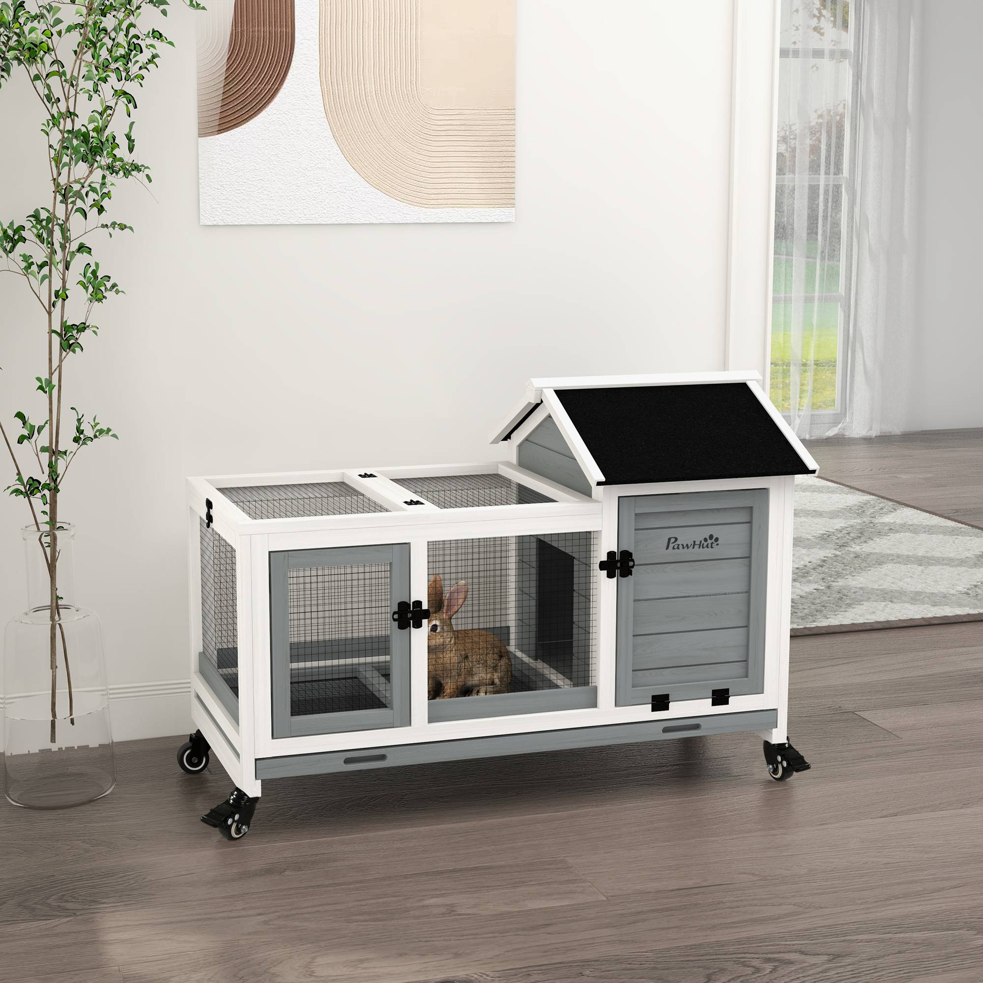 Clapier cage à lapins rongeurs sur roulettes 2 portes verrouillables - dim. 108L x 58l x 73,5H cm - bois massif - Image 3