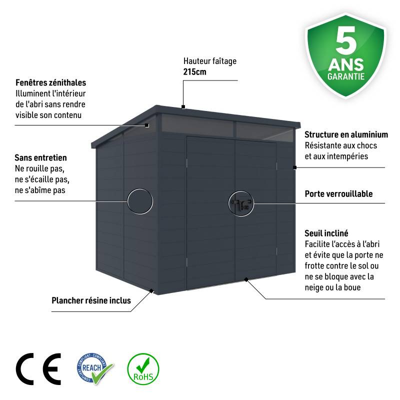 Abri de jardin résine anthracite 4,10m² toit plat skylight plancher inclus Jôbu - Image 3