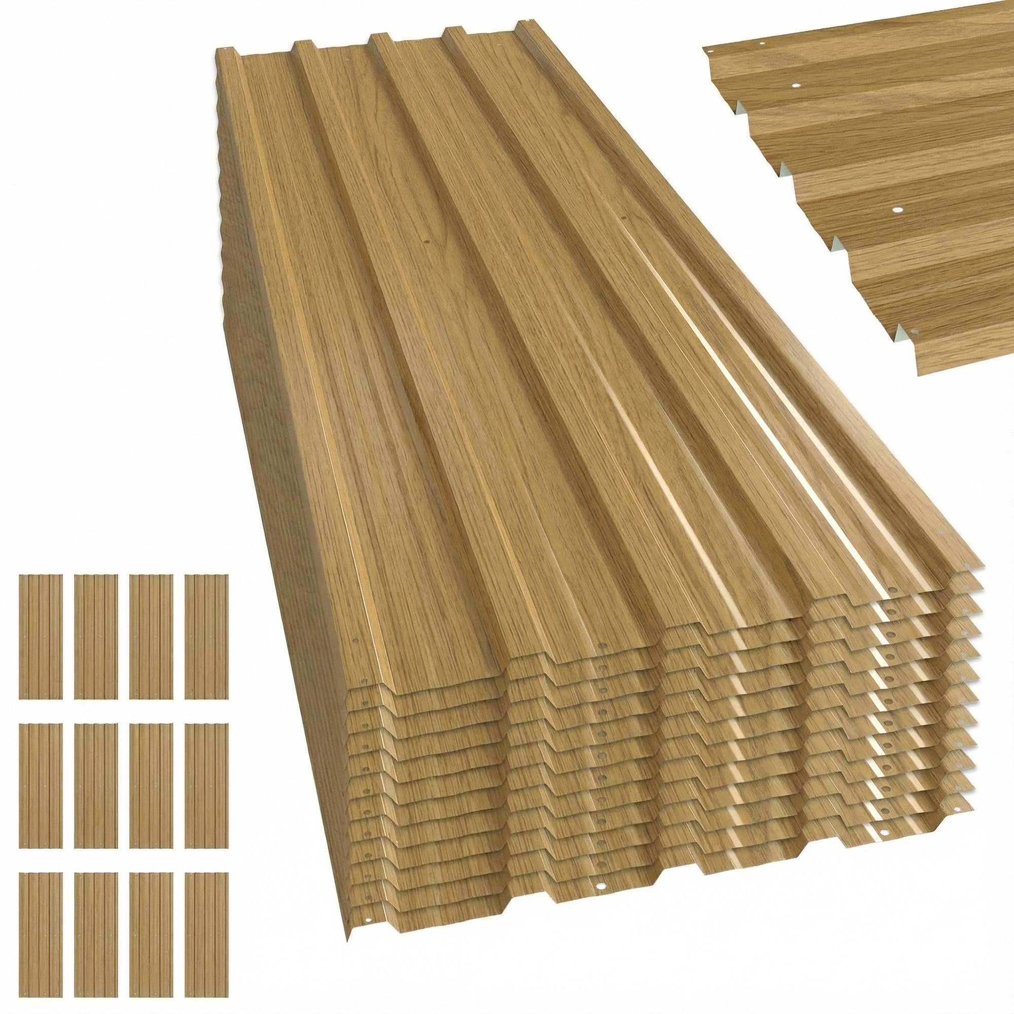 Ensemble de 12 panneaux de toiture en acier galvanisé de 7 m² pour abri de jardin, finition bois naturel 129 x 45 cm - Image 1