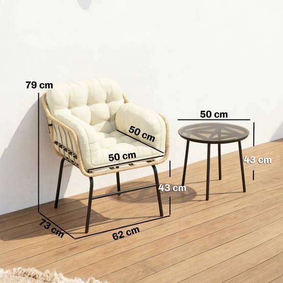 Sans Marque - Salon de Jardin Extérieur 3 Pièces en Résine Tressée, Table en Verre Trempé, 2 Fauteuils avec Coussins, 62x73x79cm, Crème - Image 5