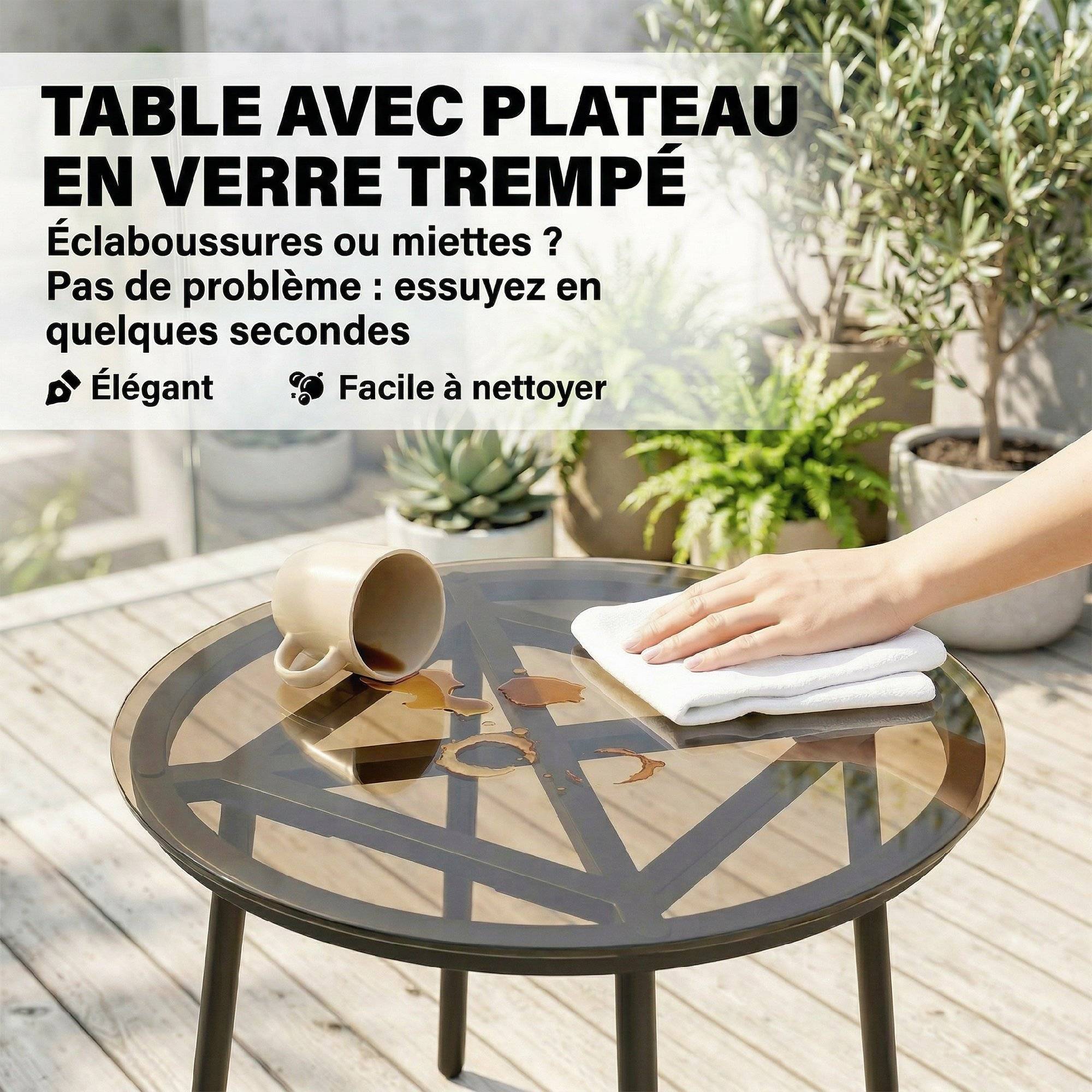 Sans Marque - Salon de Jardin Extérieur 3 Pièces en Résine Tressée, Table en Verre Trempé, 2 Fauteuils avec Coussins, 62x73x79cm, Crème - Image 9