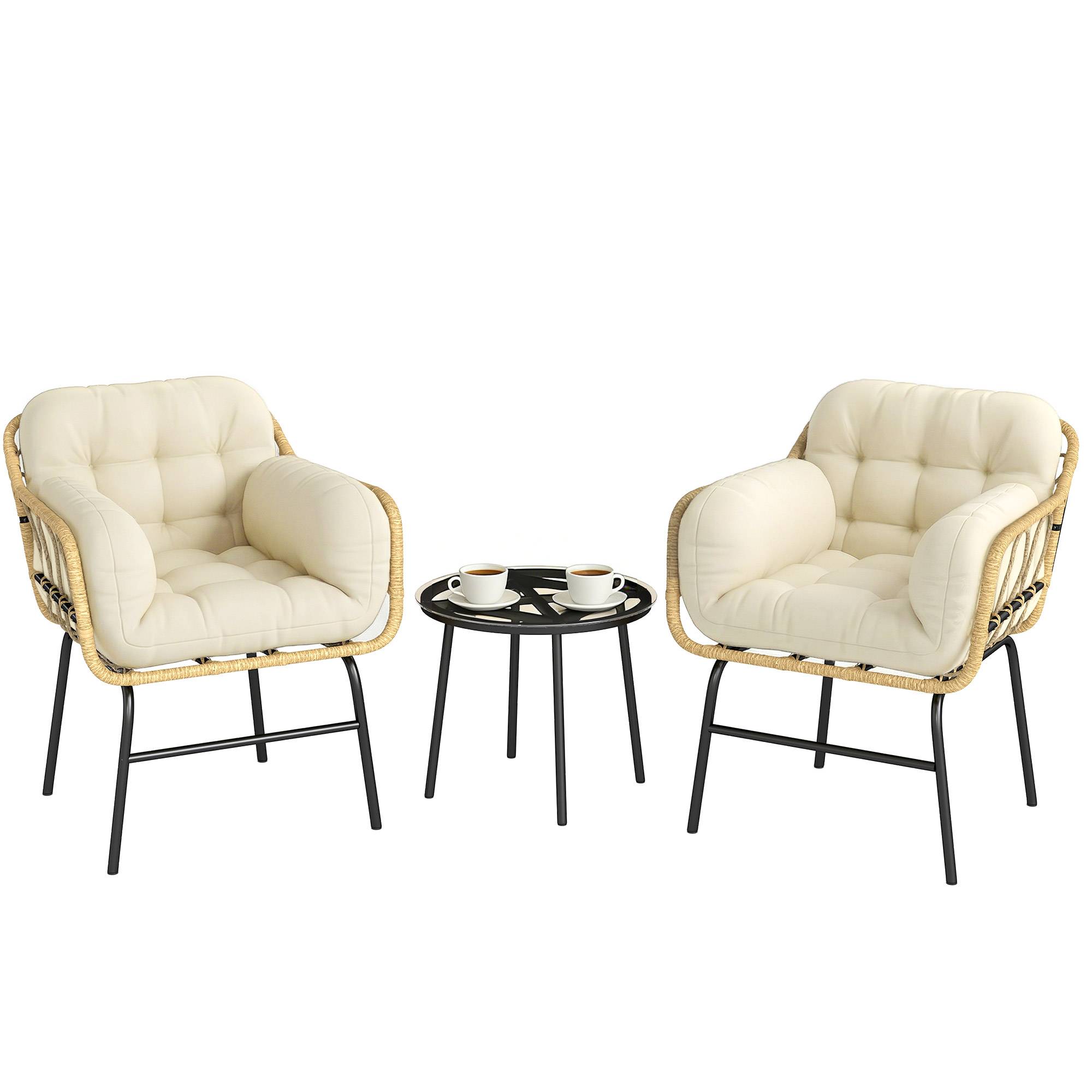 Sans Marque - Salon de Jardin Extérieur 3 Pièces en Résine Tressée, Table en Verre Trempé, 2 Fauteuils avec Coussins, 62x73x79cm, Crème - Image 1