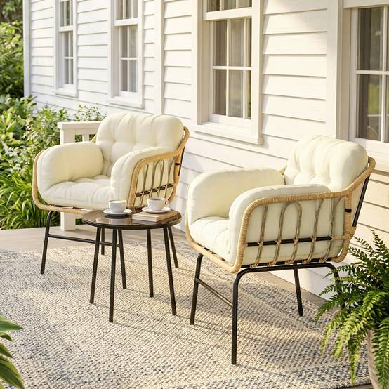 Sans Marque - Salon de Jardin Extérieur 3 Pièces en Résine Tressée, Table en Verre Trempé, 2 Fauteuils avec Coussins, 62x73x79cm, Crème - Image 4