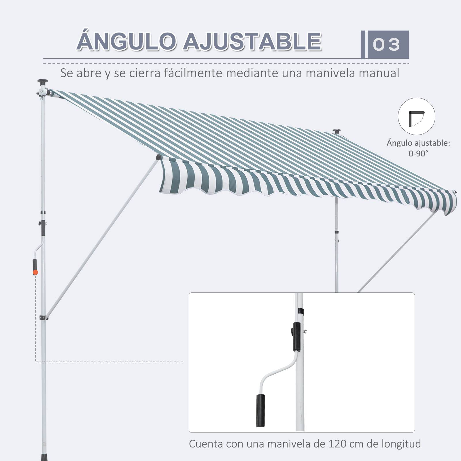 Store banne rétractable manuelle 300 x 150 x 170-280 cm avec hauteur réglable, manivelle et protection solaire pour terrasse végétalisée - Image 8