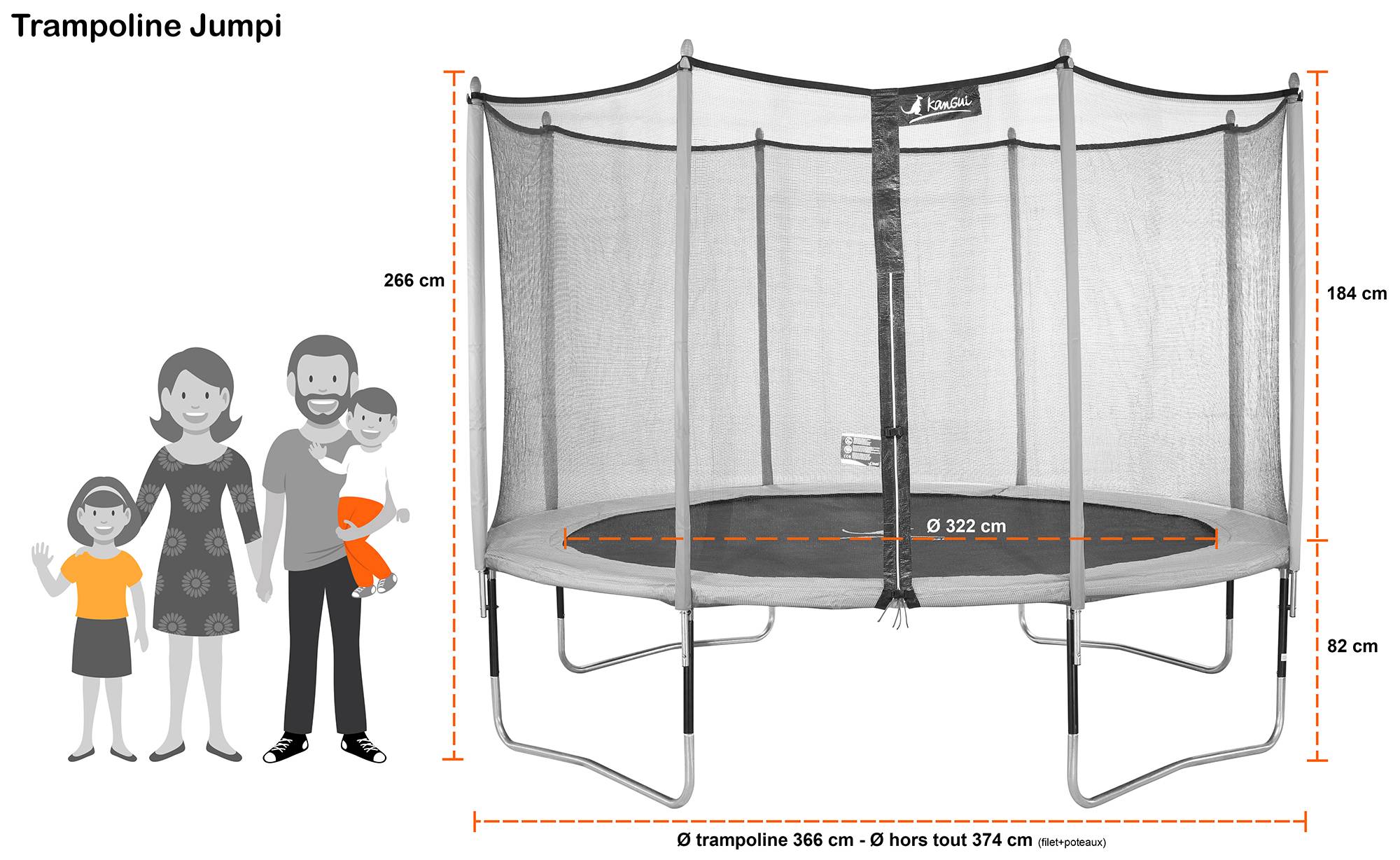 Trampoline KANGUI - JUMPI 360‑365 cm – Enfant – Rebond Parfait – Échelle & Kit Ancrage – Garantie 5 ans