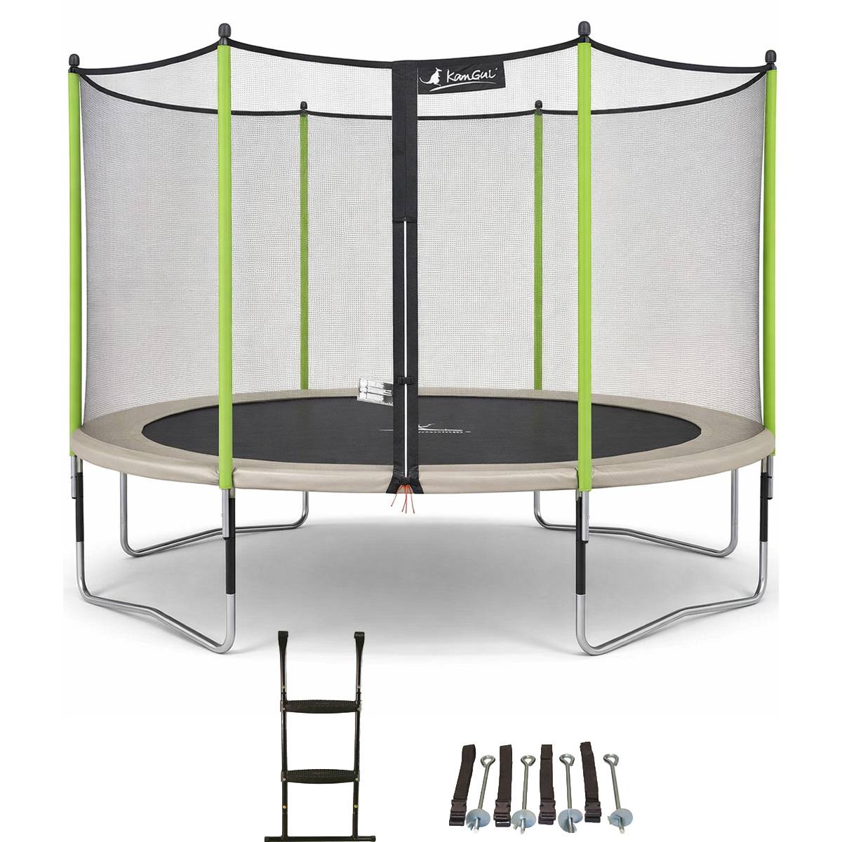 Kangui - Trampoline jardin Ø 360 cm + filet + échelle + bâche - JUMPI 360 - Taupe/Vert Kangui - Image 1
