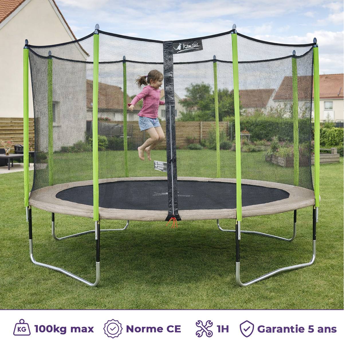 Kangui - Trampoline jardin Ø 360 cm + filet + échelle + bâche - JUMPI 360 - Taupe/Vert Kangui - Image 2