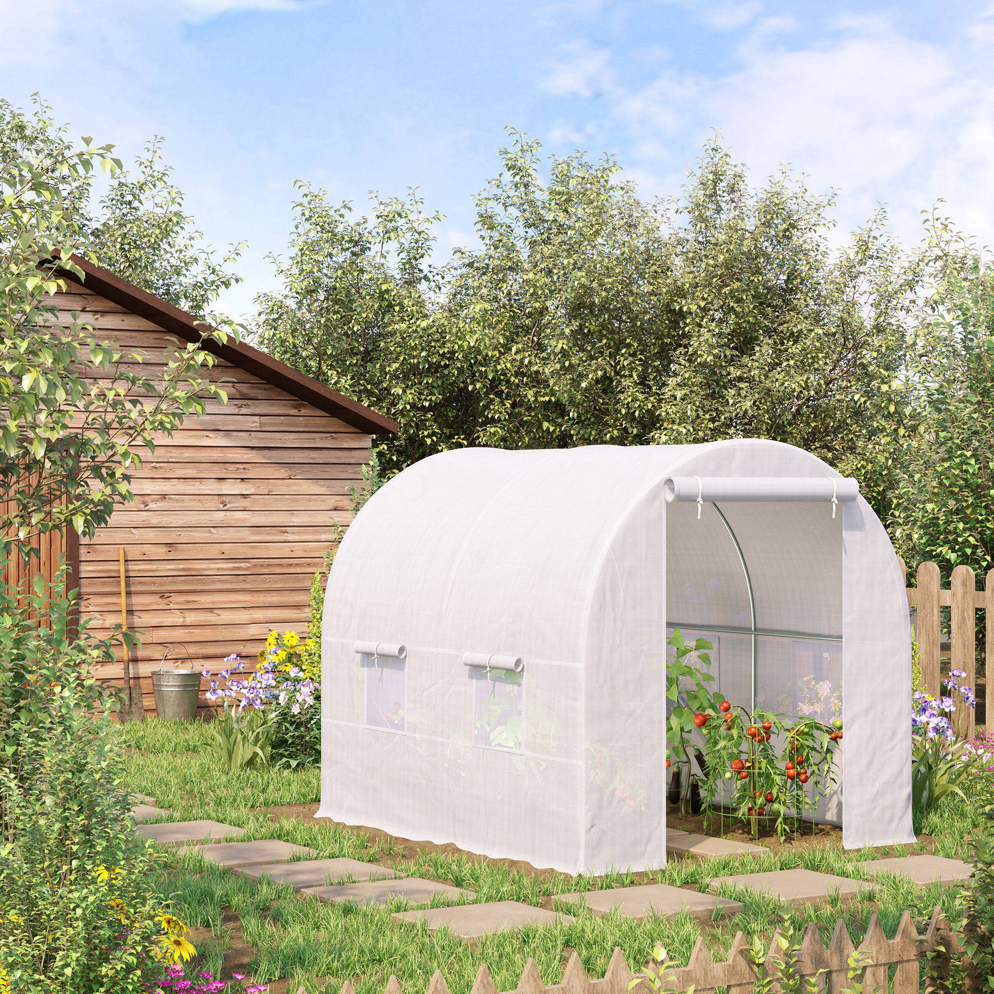 Sans Marque - Serre tunnel de jardin 5m², serre de jardin tunnel avec porte et 4 fenêtres, bâche PE 140 g/m² 245 x 200 x 200 cm blanc - Image 4