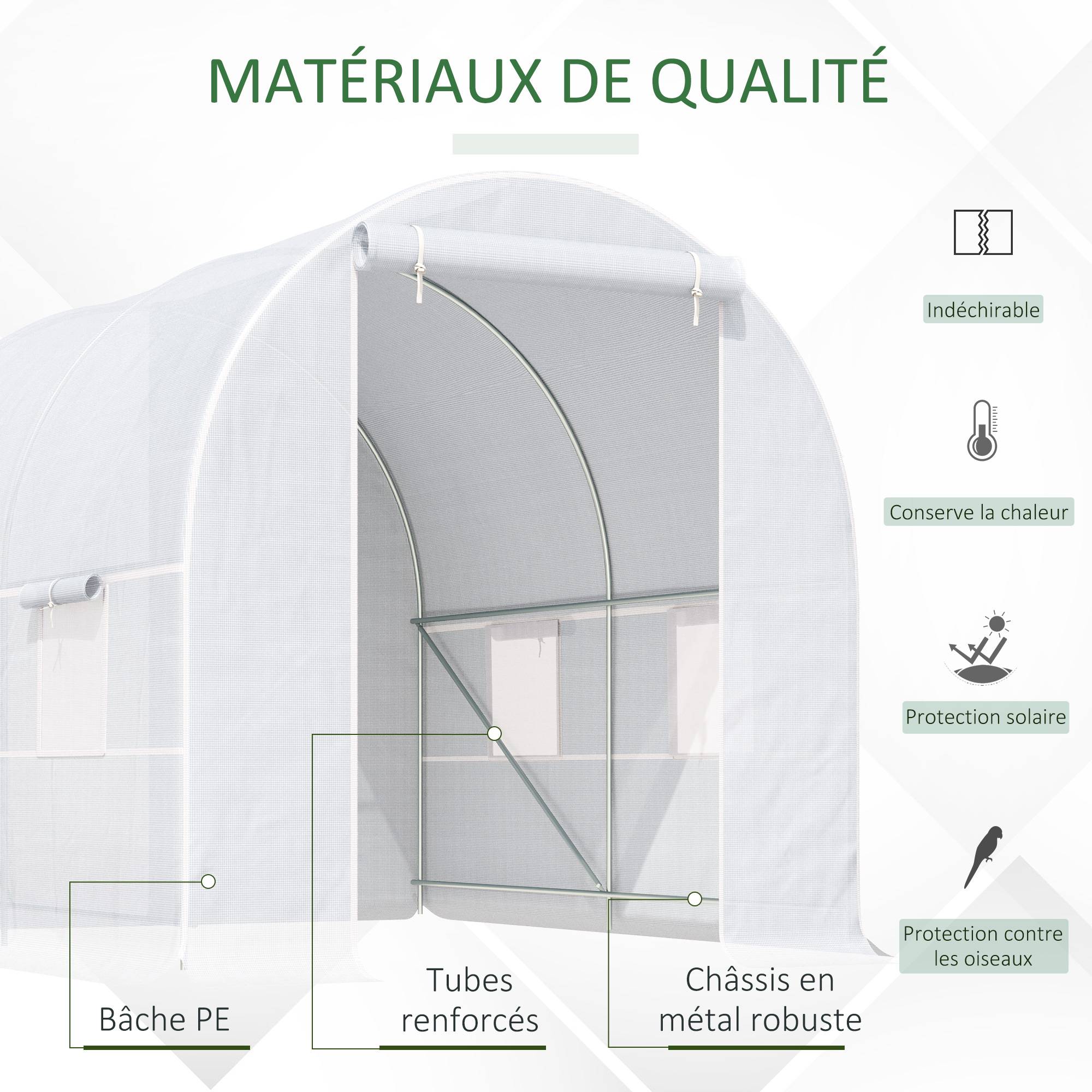 Sans Marque - Serre tunnel de jardin 5m², serre de jardin tunnel avec porte et 4 fenêtres, bâche PE 140 g/m² 245 x 200 x 200 cm blanc - Image 6