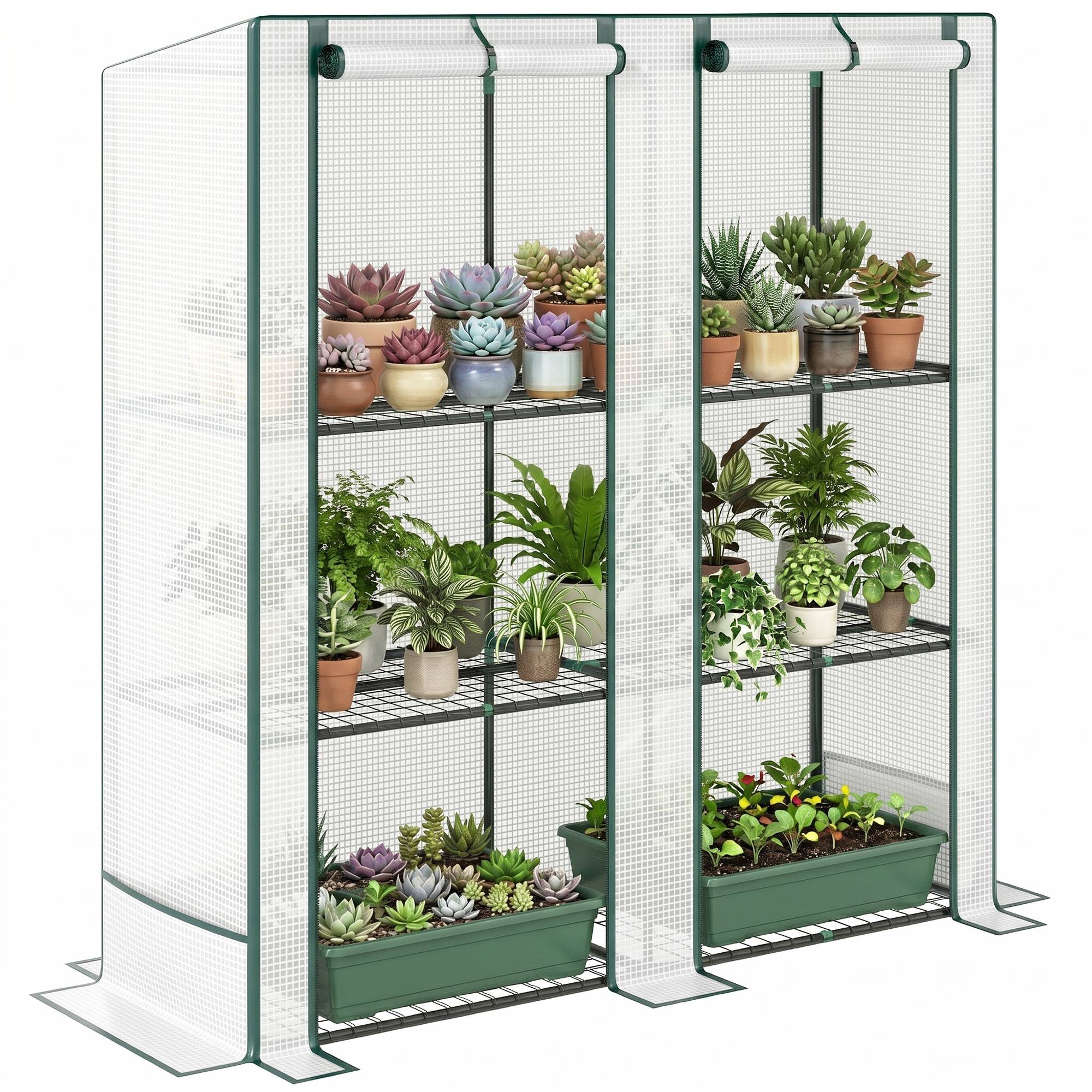 Mini-serre avec étagère à 3 niveaux, couverture plastique résistante aux UV, portable, porte enroulable, 144 × 48 × 152 cm, blanc - Image 1